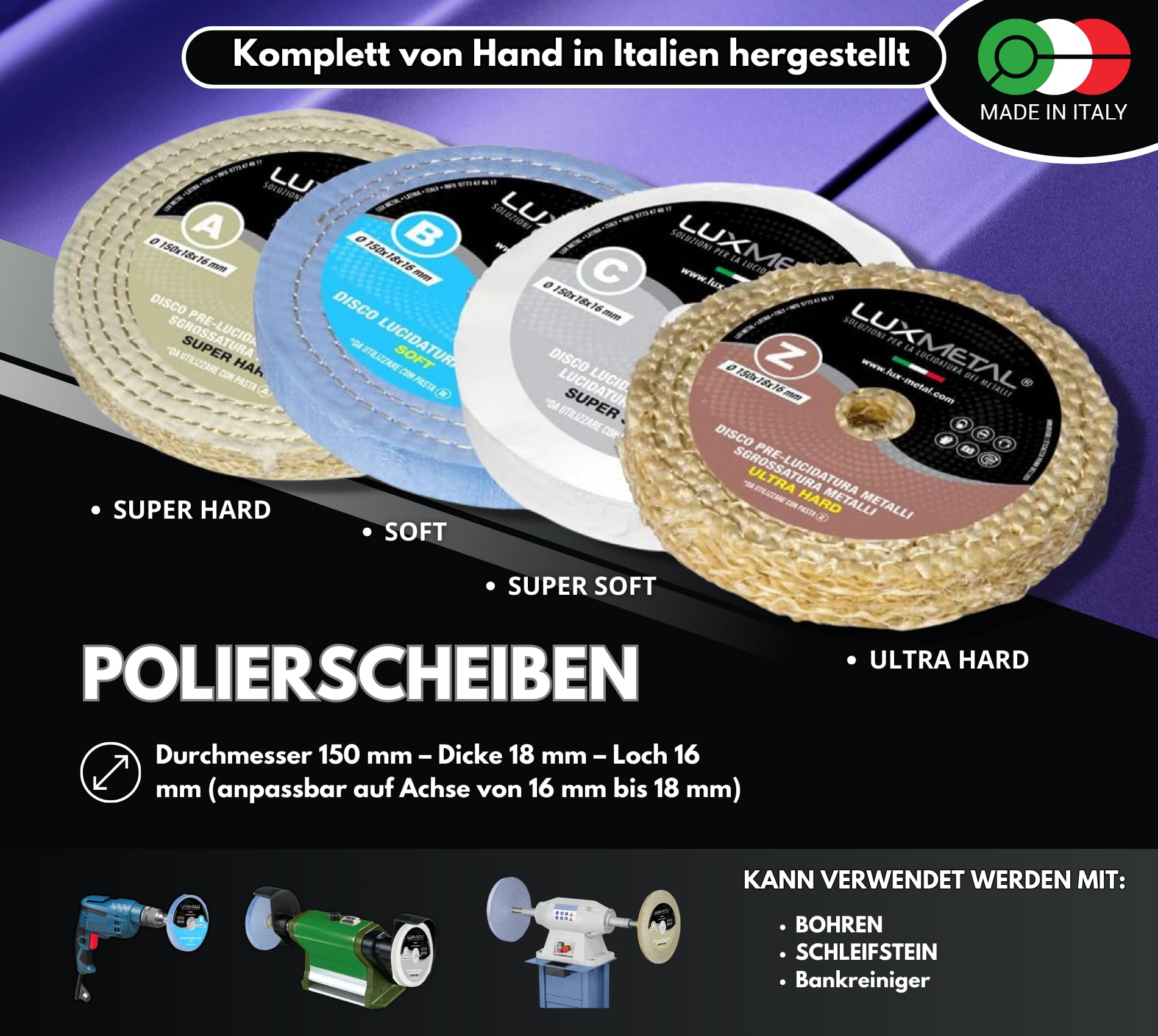 4 polierpaste 250 g - 4 Polierscheibe 150 mm Polierset set DIY kit Schleifpaste Metall Aluminium, Bank Poliermaschine, Edelstahl, Messing, Kupfer, Holz, Kunststoff, schleifmaschinen, messer