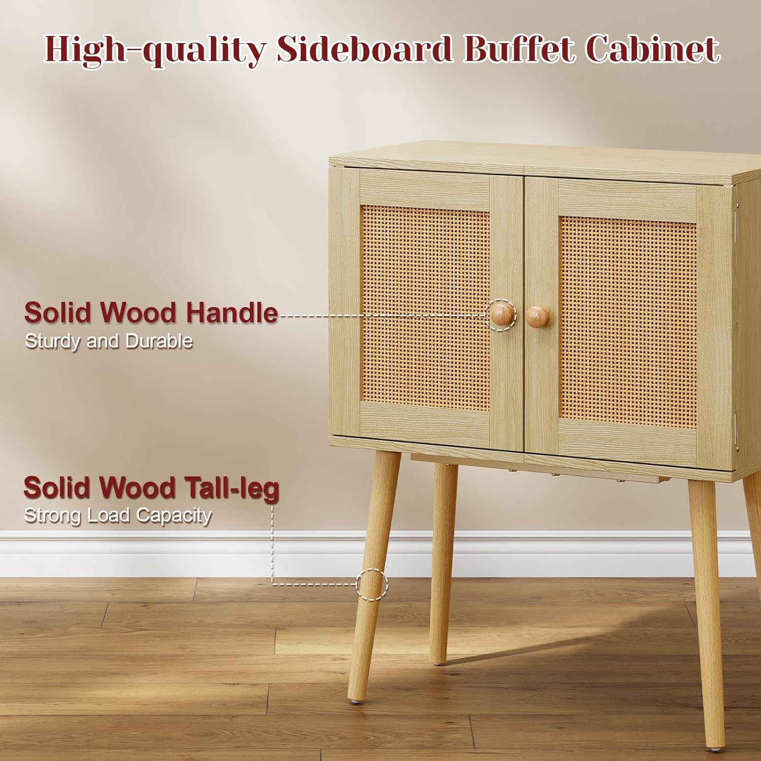Sideboard Buffet Kitchen Storage Cabinet , Small Coffee Bar Cabinet with Rattan Doors and Tall Solid Wood Legs, Boho Accent Media Console Credenza Cabinet for Entryway,Living Room,Kitchen, Small Space