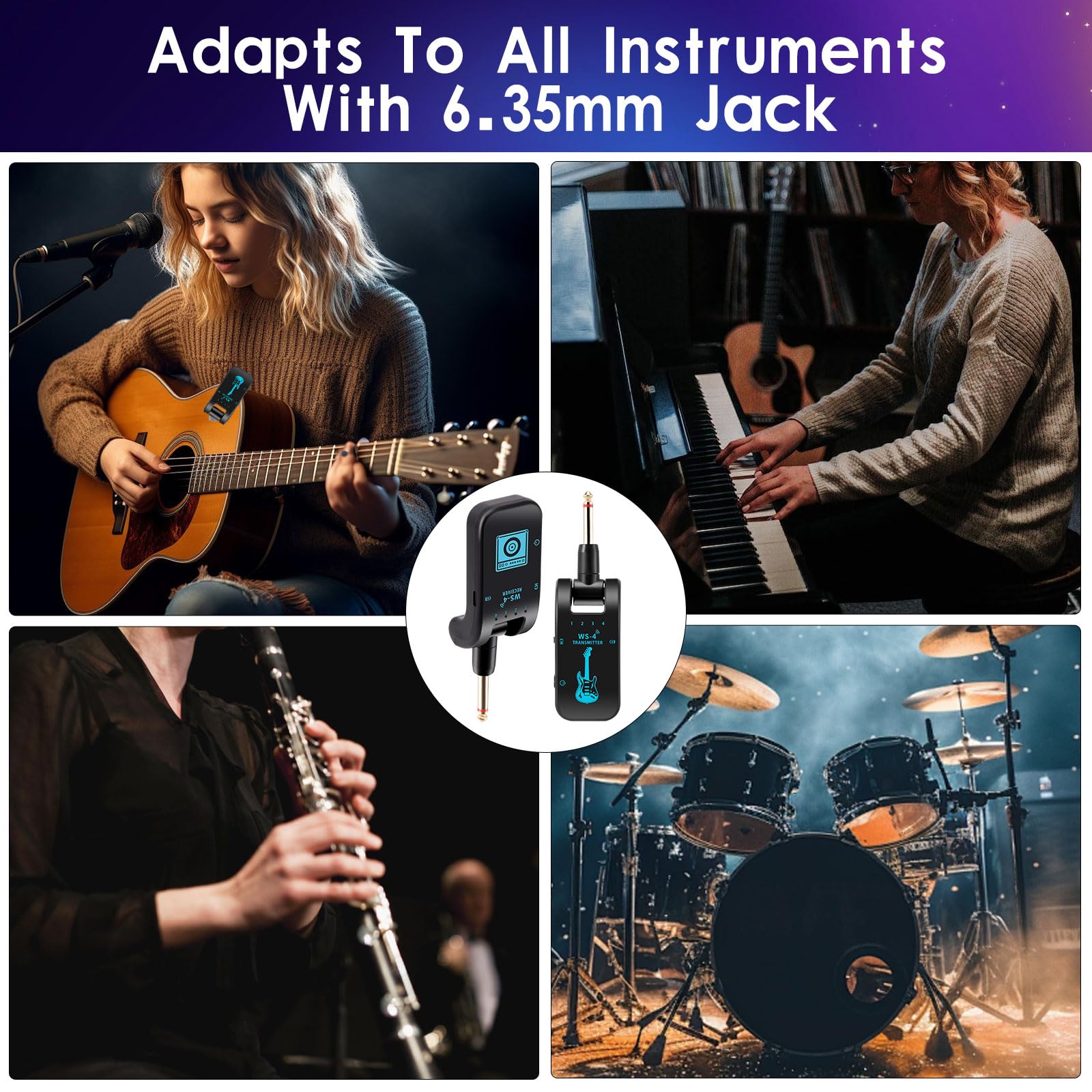 Système de guitare sans fil 2,4 GHz 8 canaux rechargeable audio sans fil émetteur récepteur pour guitare électrique, basse et instruments à vent électriques