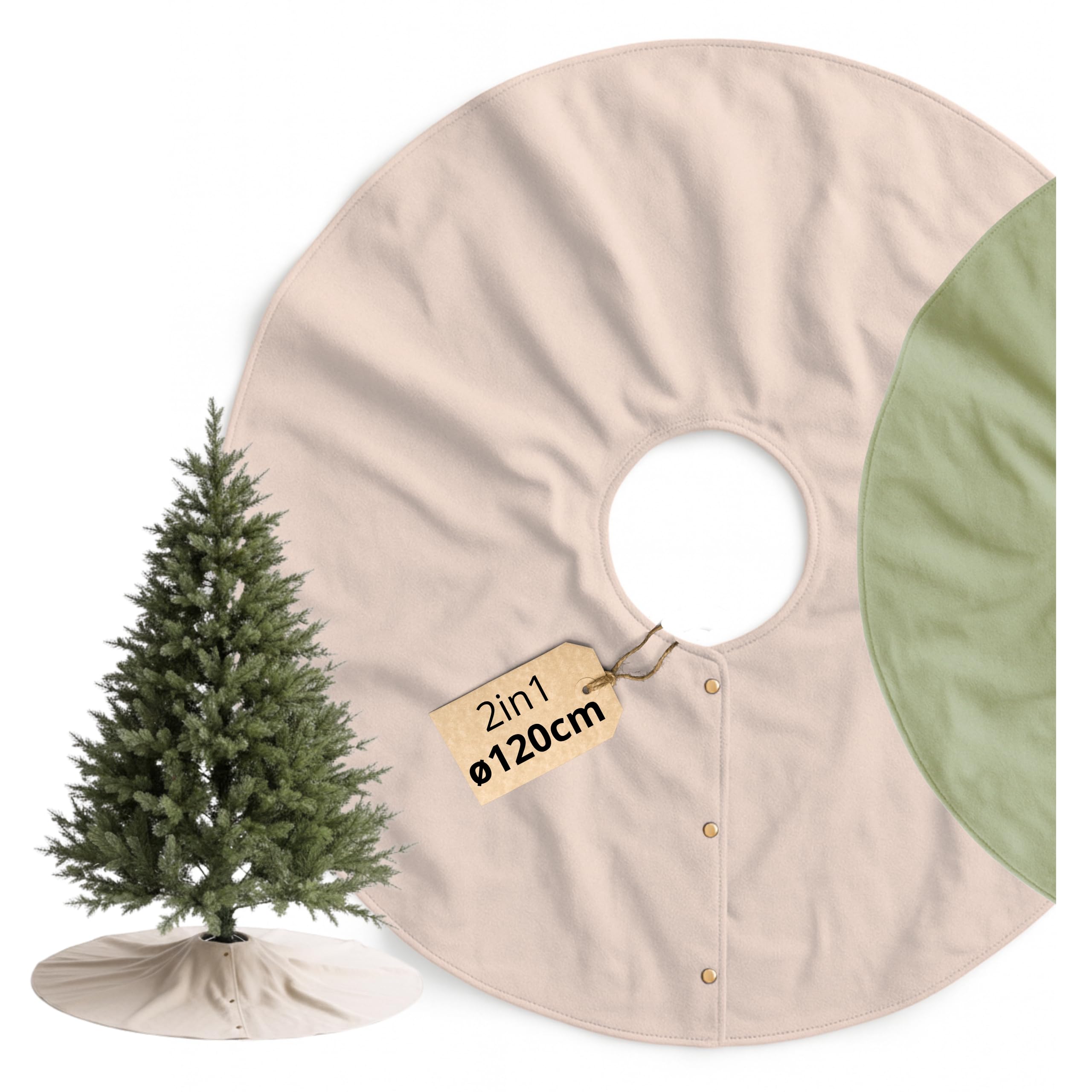 Livlig53 Weihnachtsbaum Decke ø120cm, Weihnachtsbaumdecke rund aus 100% Baumwolle, 2in1 Design - wendbare Tannenbaum Decke, Weihnachtsbaumrock, Weihnachtsbaum Decke Beige I Grün mit Goldsaum