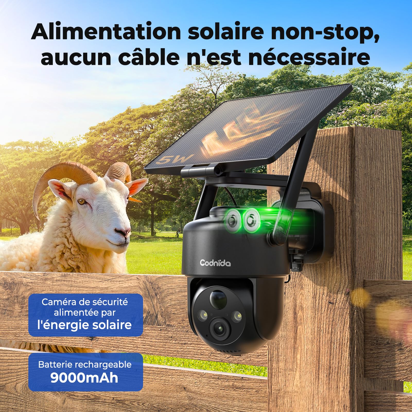 Codnida 4G LTE Caméra de Surveillance Extérieure sans Fil Solaire avec Carte SIM,9000mAh Batterie,2K HD,Vision Nocturne Couleur,Audio Bidirectionnel,IP66