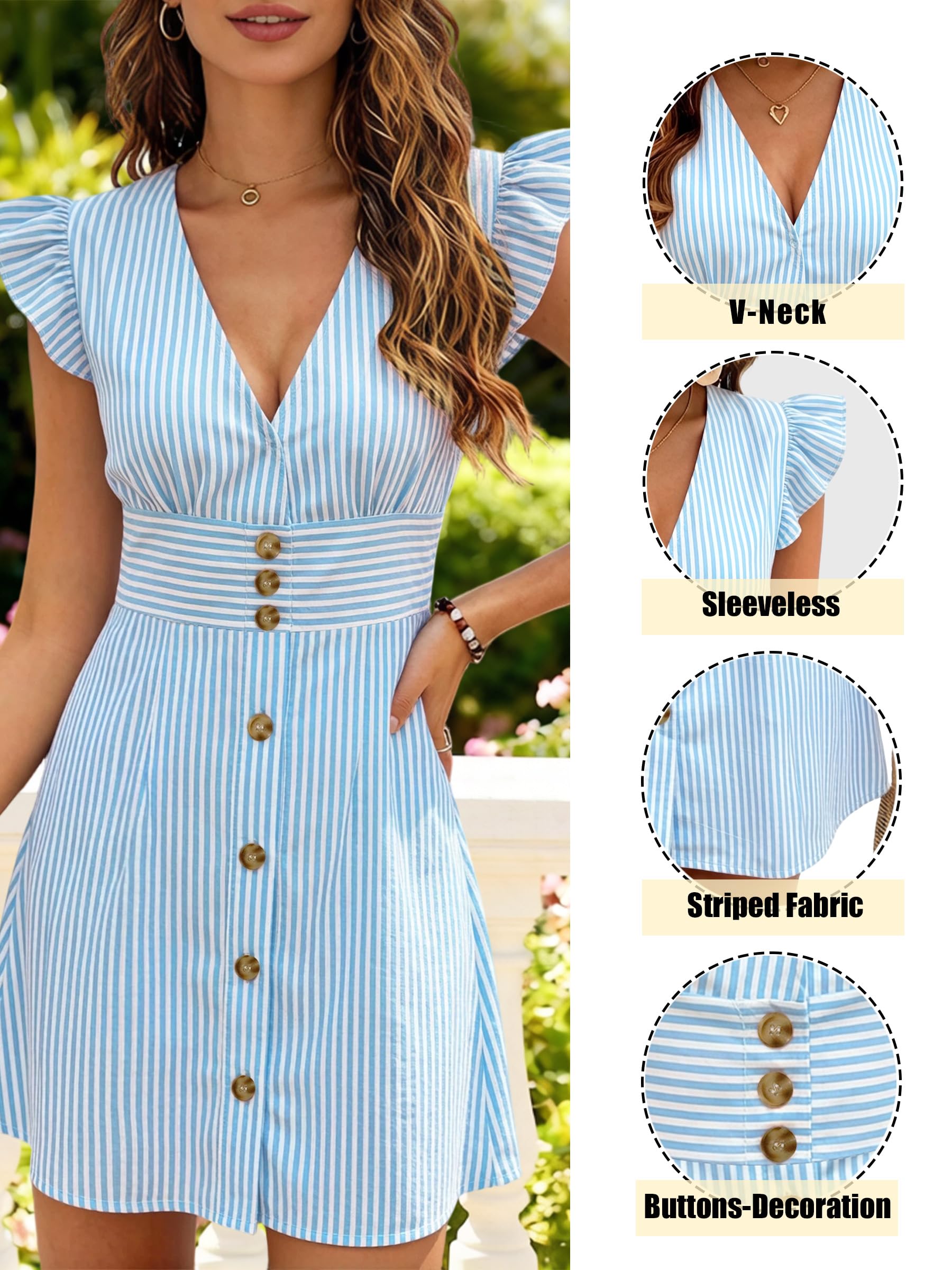 Vestido Mujer Verano Sin Mangas Cuello V Vestidos Corto de Playa Casual a Rayas Elegante de Volantes