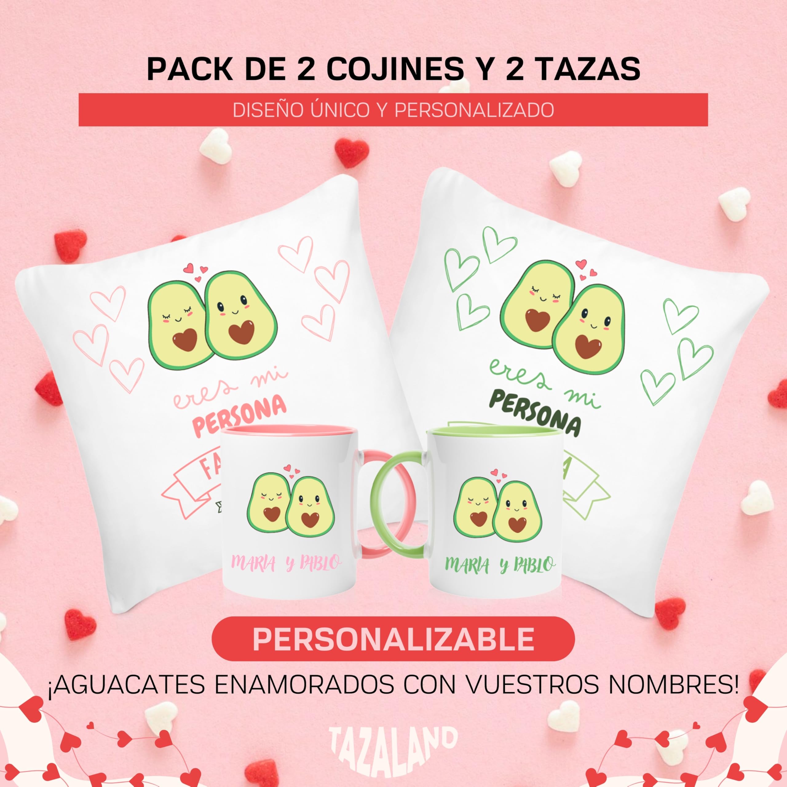 Regalo Personalizado San Valentín | Pack 2 Tazas y 2 Cojines - Aguacates | Regalos Originales Mujer Hombre | Regalos para Parejas, Novia, Novio | Detalles Románticos