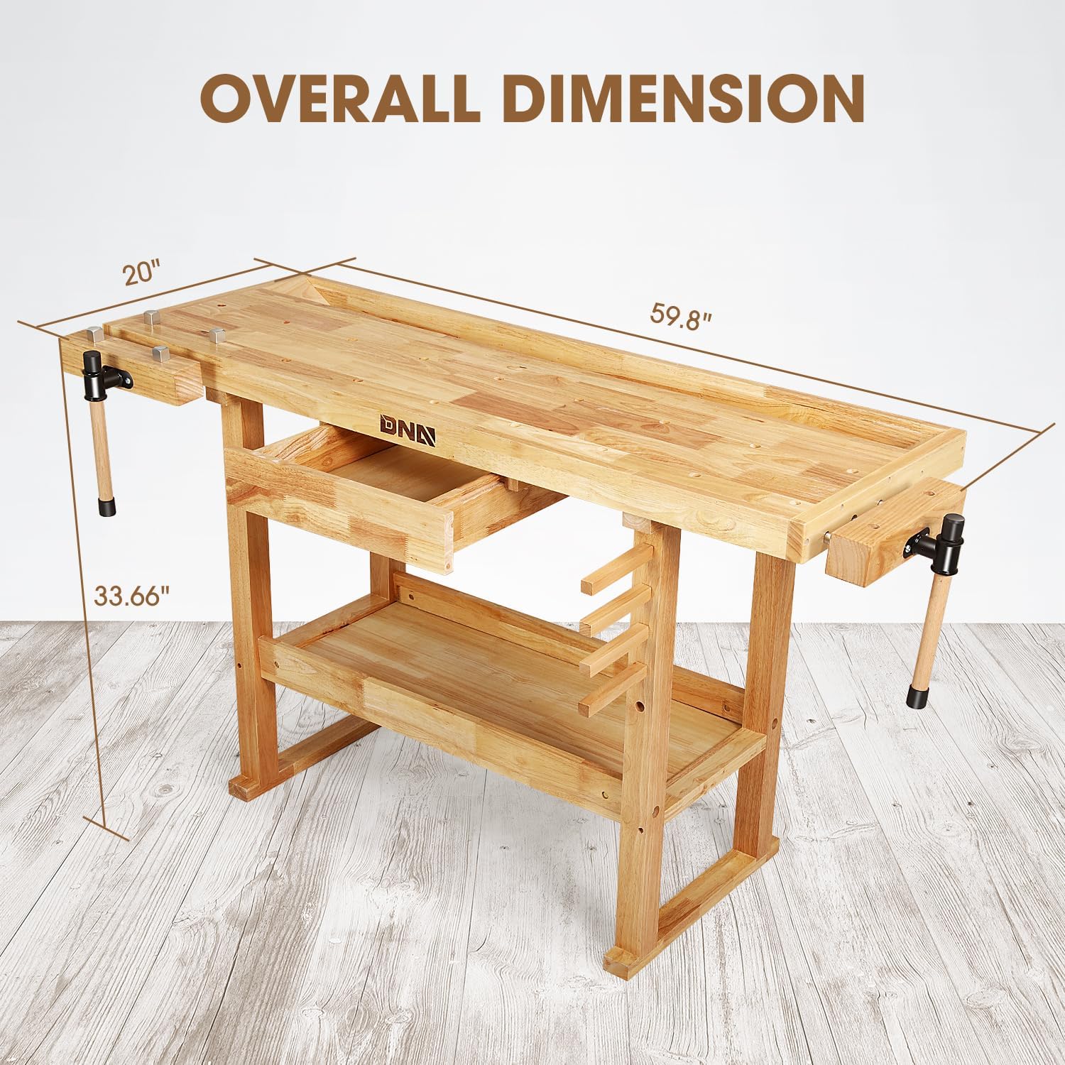 DNA Motoring Heavy Duty Wood Workbench, Wooden Workbench with Drawer for Workshop, Garage, W/Adjustable Handle, TOOLS-00522