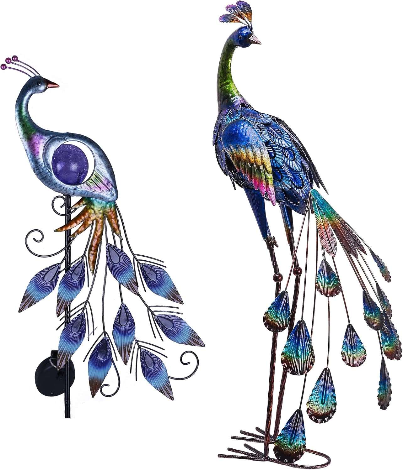 TERESA'S COLLECTIONS 31.5 inch Metal Peacock Solar Stake Lights + 35 inch Peacock Garden Statue for Garden Decor
