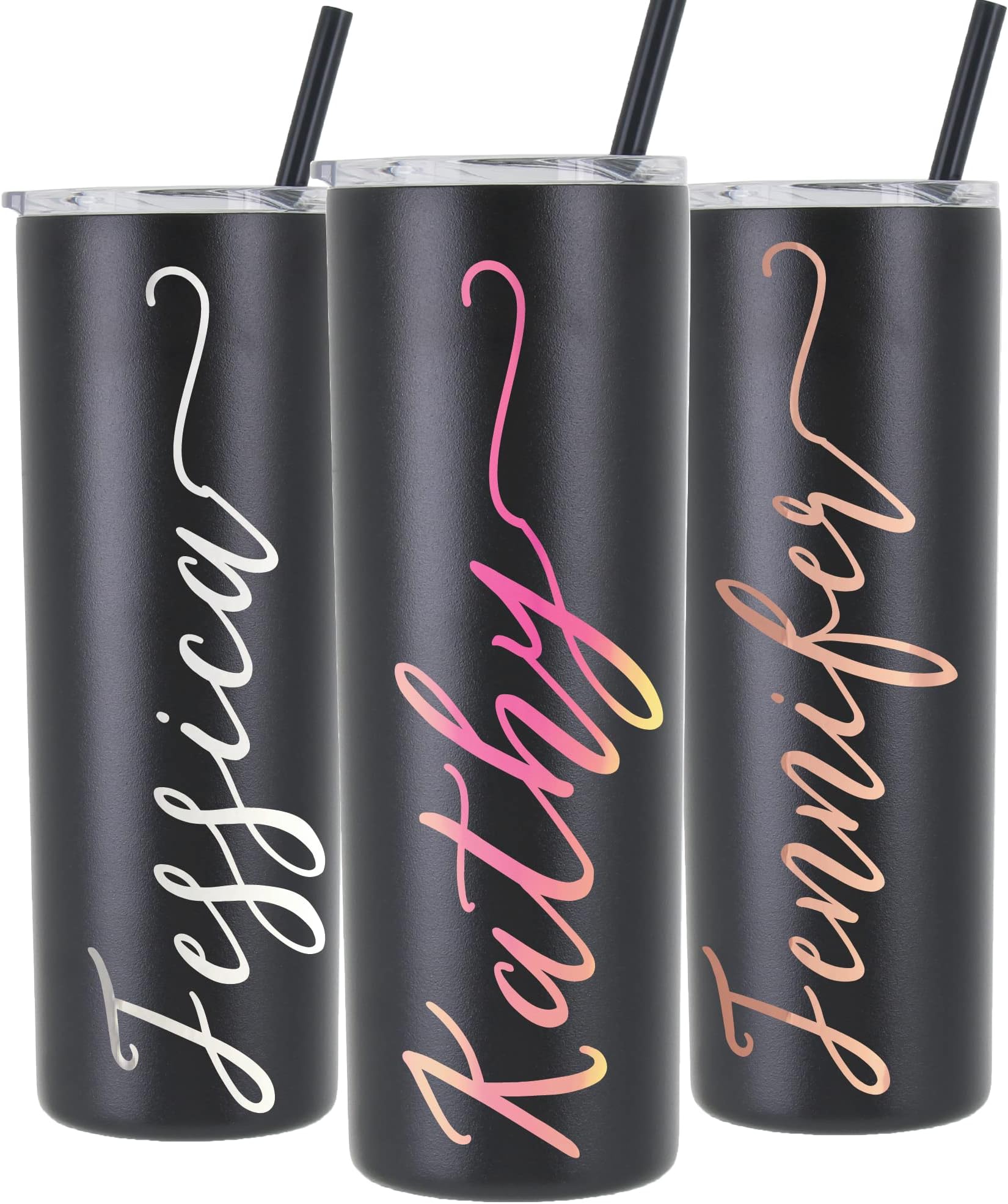 Personalized 20 oz Stainless Steel Skinny Tumbler with Metallic Chrome Custom Vinyl Decal by Avito - Includes Straw and Lid - Bridesmaid, Bachelorette, Bridal Party Gifts