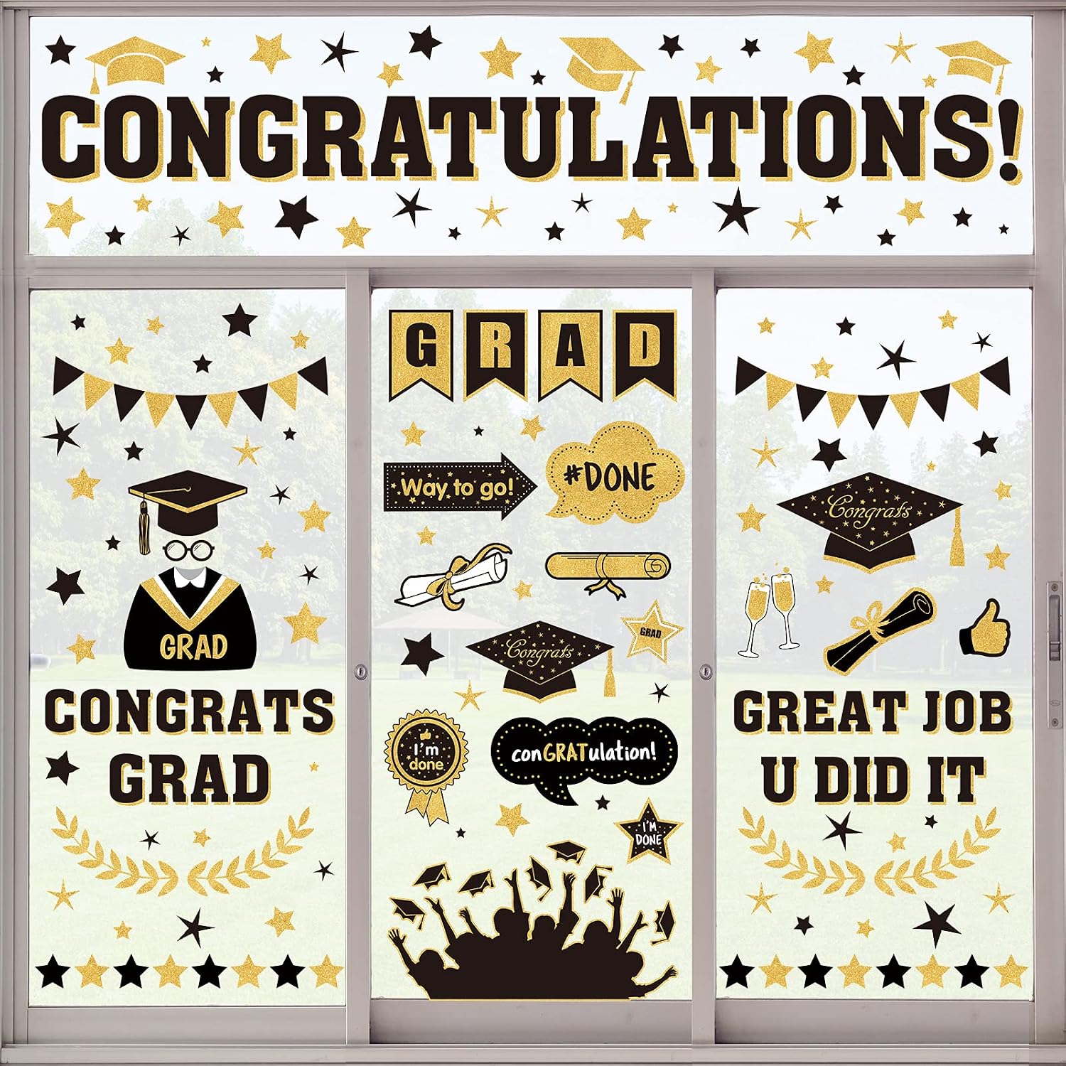 Whaline 193Pcs Graduation Window Clings Removable Congrats Grad Window Decorations Cap Diploma Windows Decals for Grad Congratulations Party Decor School Home Office Supplies, 8 Sheets, Gold Blue