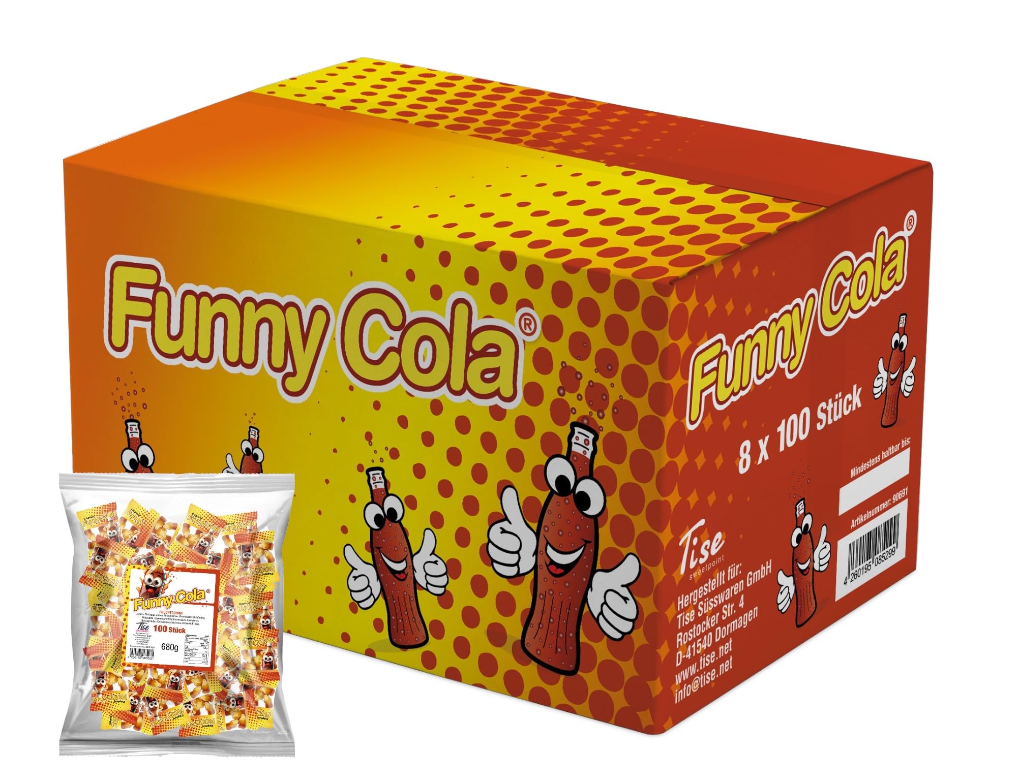 Tise Süsswaren Funny Cola Fruchtgummi Karton, Wurfmaterial Karneval/Fasching (8x680g)