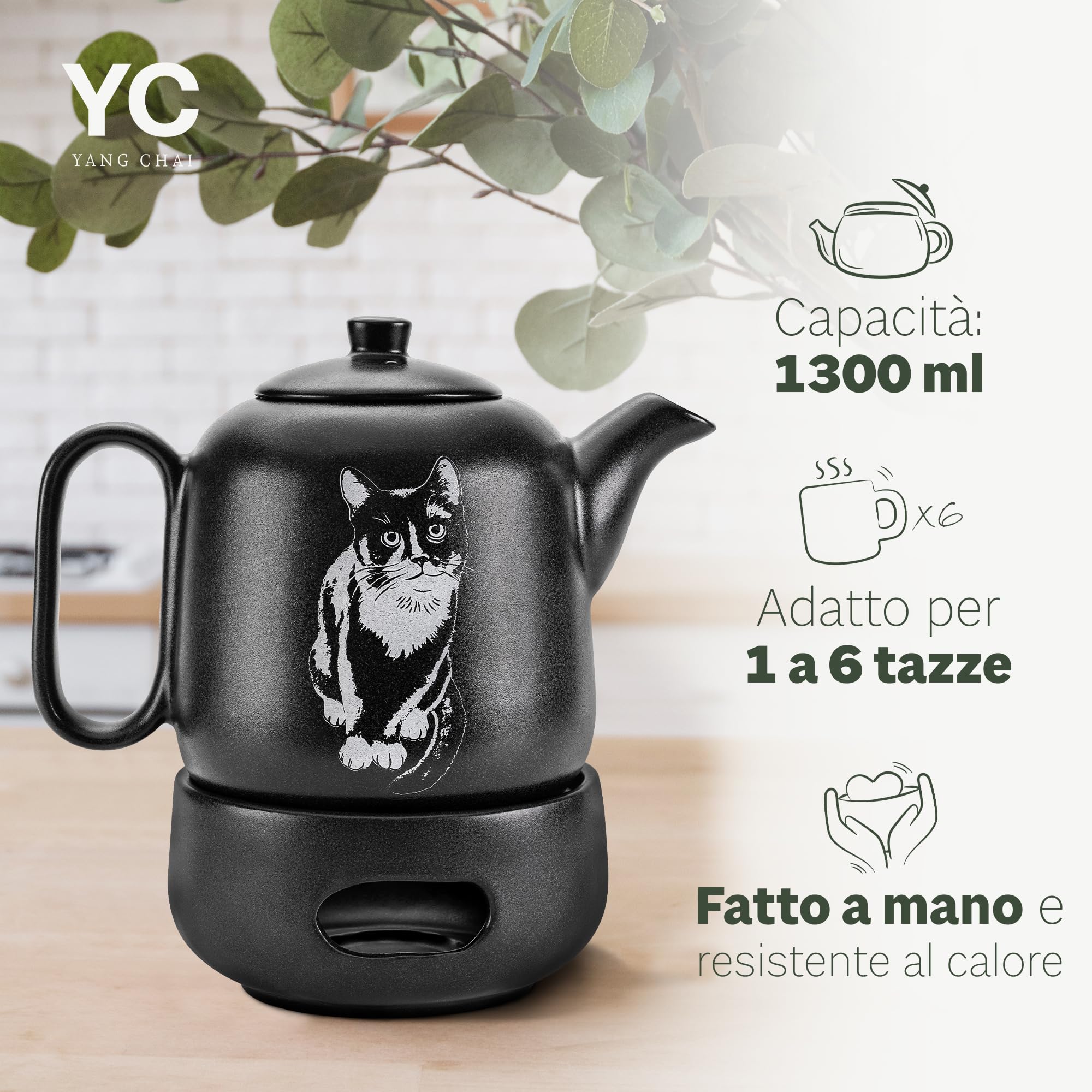 YC Yang Chai YC GATOLO - Teiera con fornello, in ceramica nera opaca, 1,3 l, teiera con inserto per colino, antigoccia e resistente al calore, teiera in ceramica fatta a mano, calore duraturo