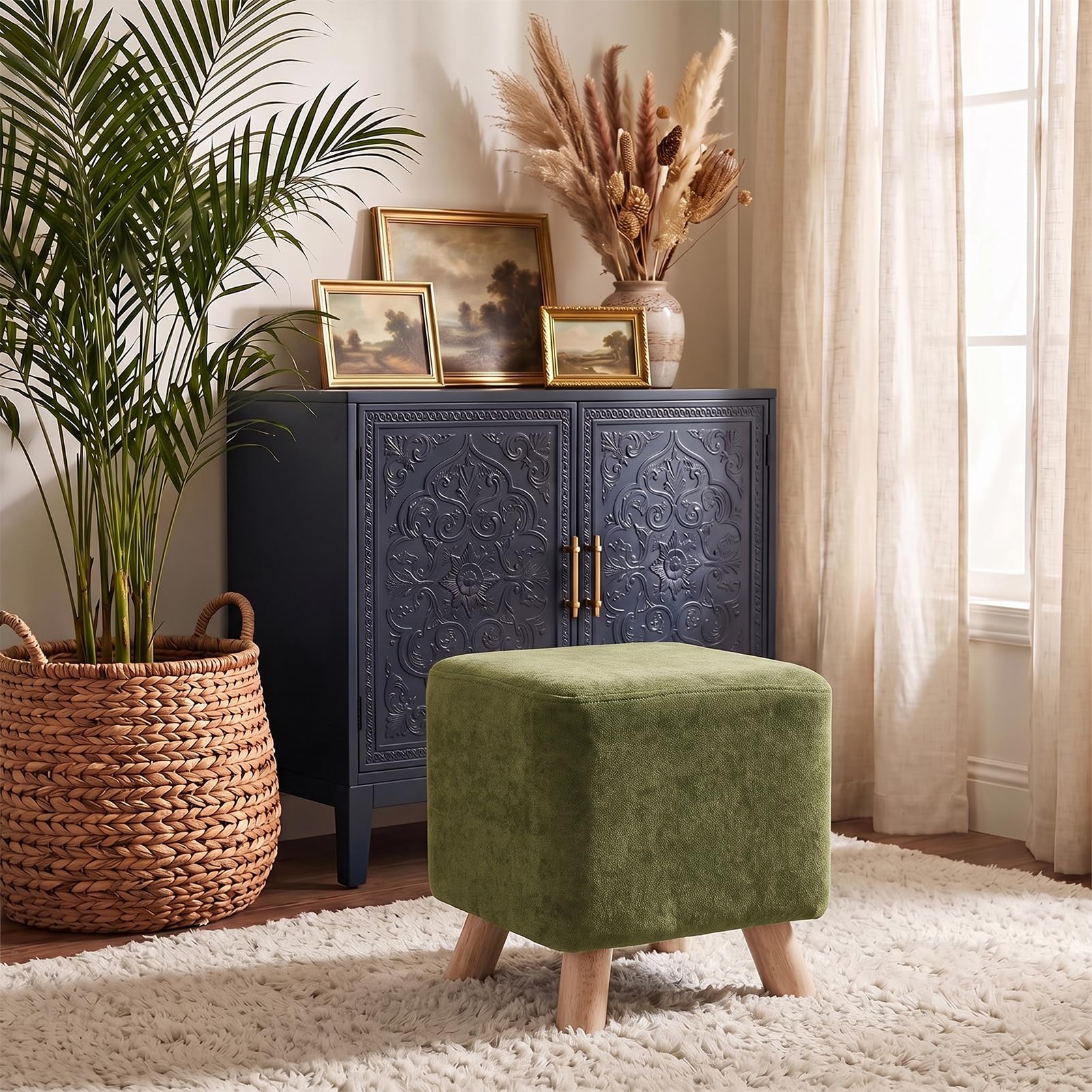 INMOZATA Footstool Chenille Upholstered Foot Stool, Olive Green, 28D x 28W x 26H cm - Image 6