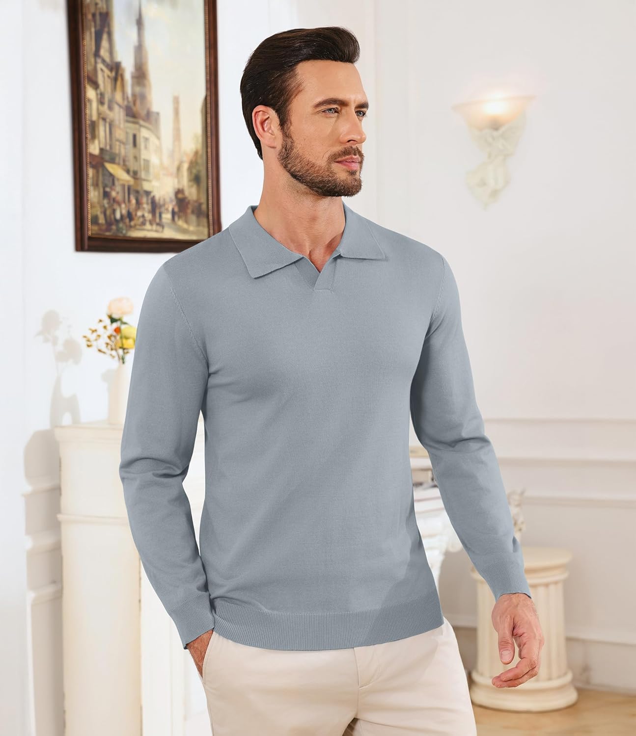 lexiart Mens Knit Polo Shirts Long Sleeve V Neck Breathable Soft Casual Lightweight Solid Color Golf Shirts - Image 4