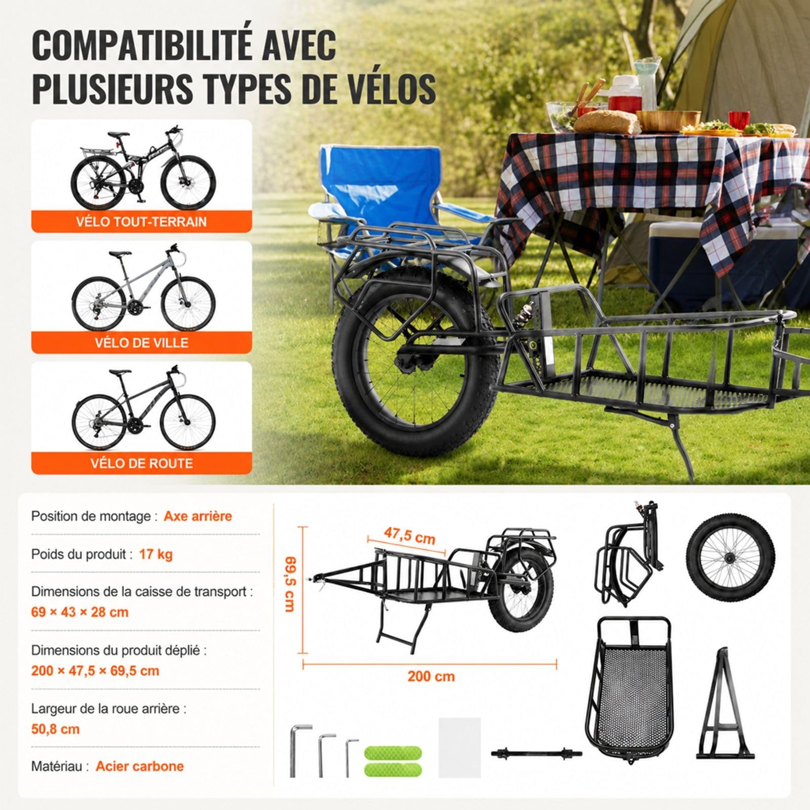 Remorque de vélo pour fret, capacité de Charge 32 kg, Structure à dégagement Rapide, Rangement Compact, Cadre en Acier au Carbone