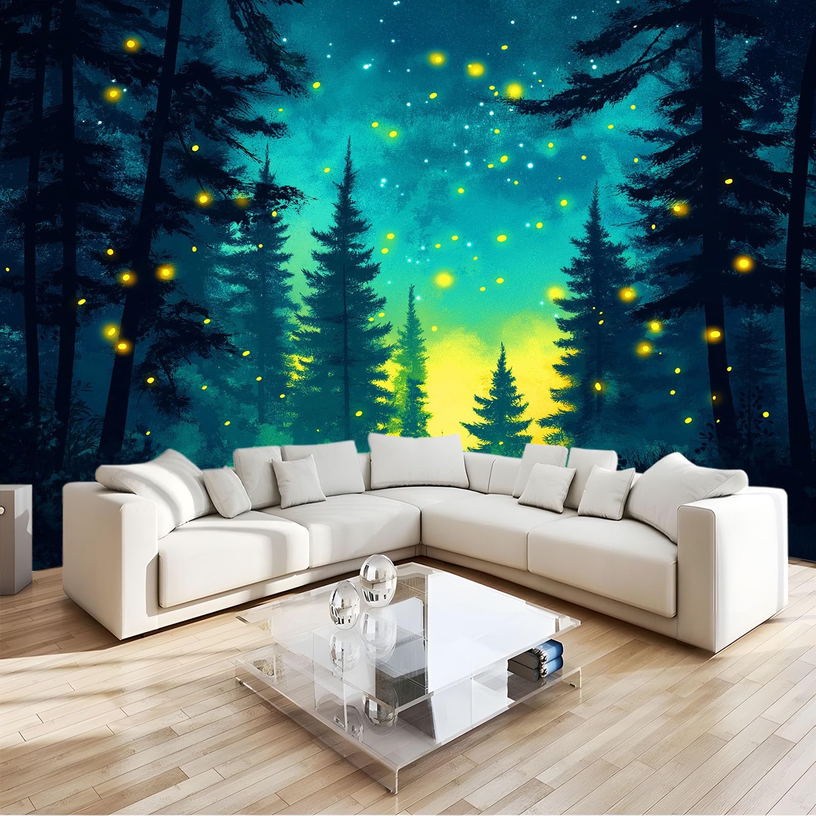 Czarodziejski las - fototapeta 350 x 256 cm, efekt 3D, obraz ścienny, tapeta ścienna, z włókniny, nowoczesny salon, malarstwo, pokój dziecięcy, sypialnia, tło TV, dekoracja ścienna, niebiesko-zielona