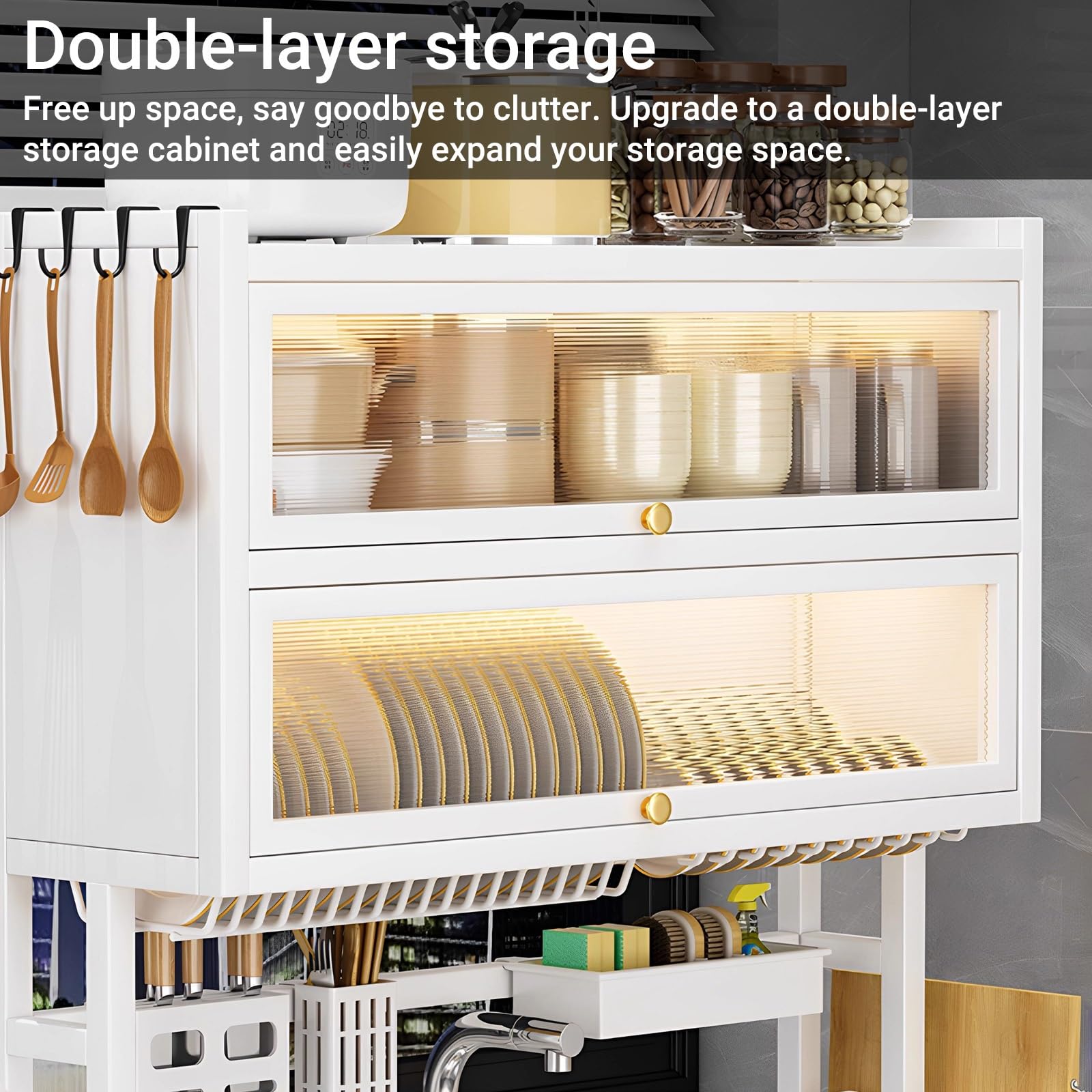 Égouttoir à Vaisselle à Poser sur l'évier, avec Porte Rabattable, Range-ustensiles de Cuisine, étagère de comptoir multifonctionnelle en métal pour Assiettes, Verres, Bols (Blanc