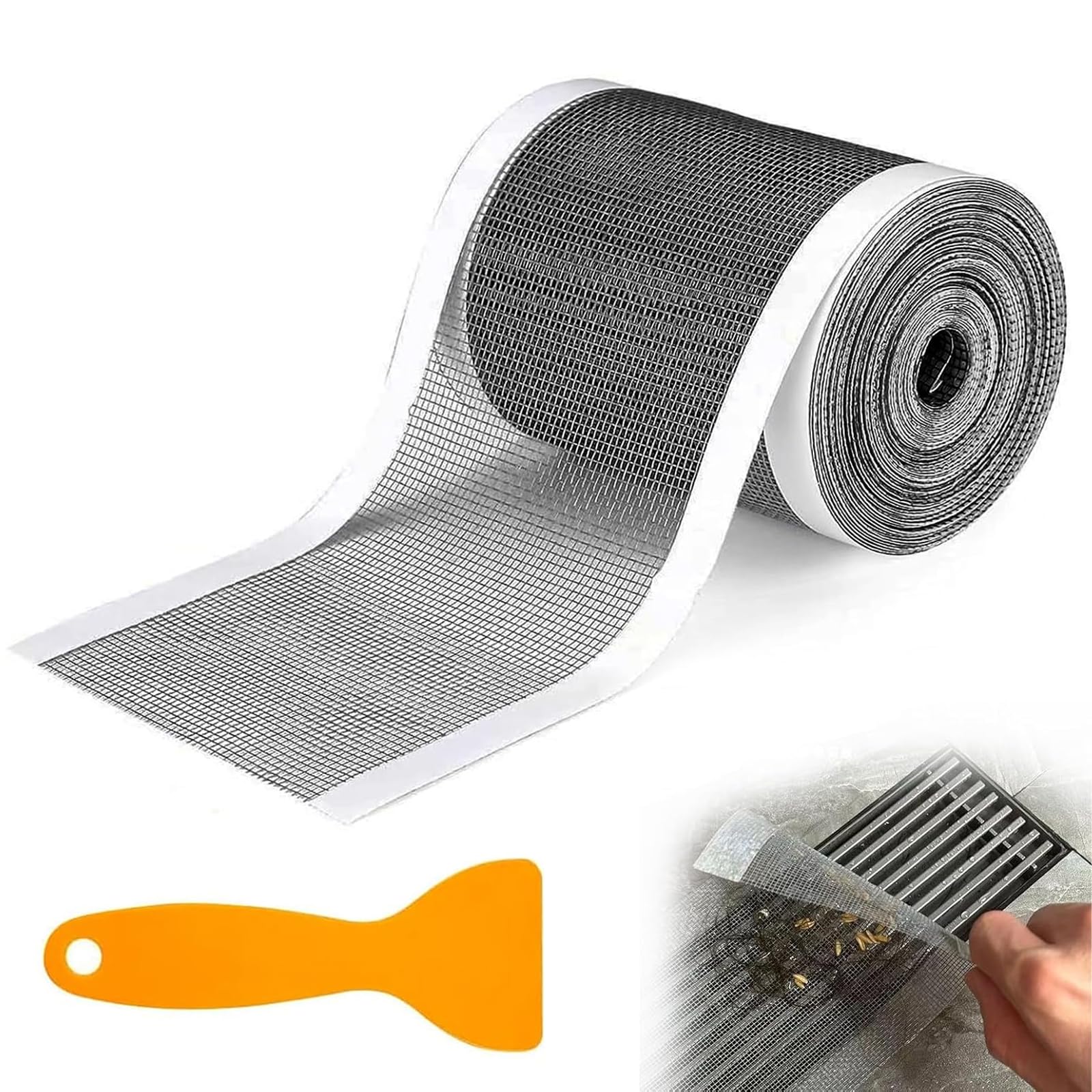 Drain Hair Catche, 7cm x 10m Rectangle Shower Drain Mesh, Rectangular Filter Sink Strainer Disposable Shower Drain Mesh Sticker with Plastic Spatula for Bathroom Kitchen