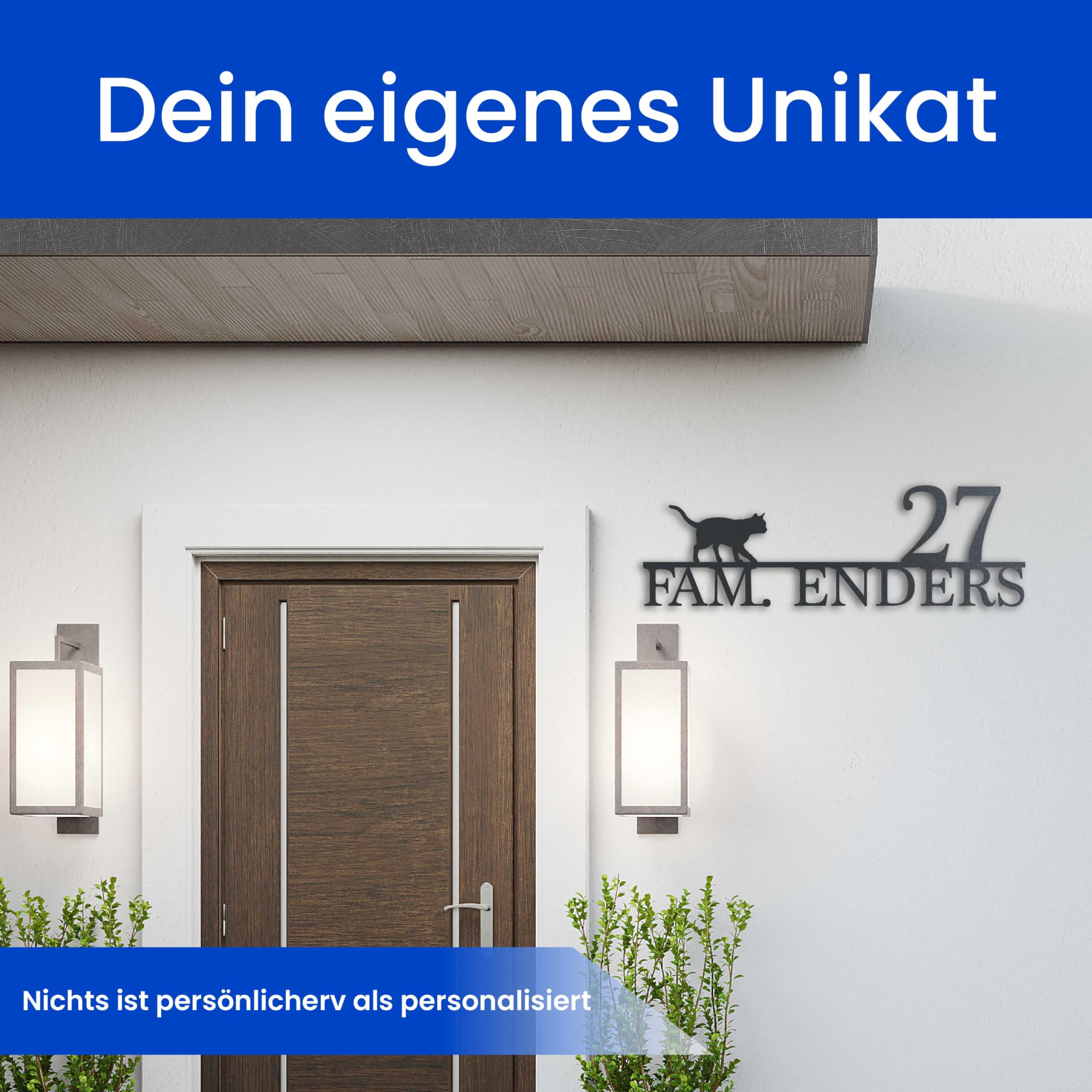 Steelmonks Straßenschild mit Hausnummer. Metall Adressschild und Plakette als Haustürschild oder Einweihungsgeschenk (Straßenschild mit Katze)