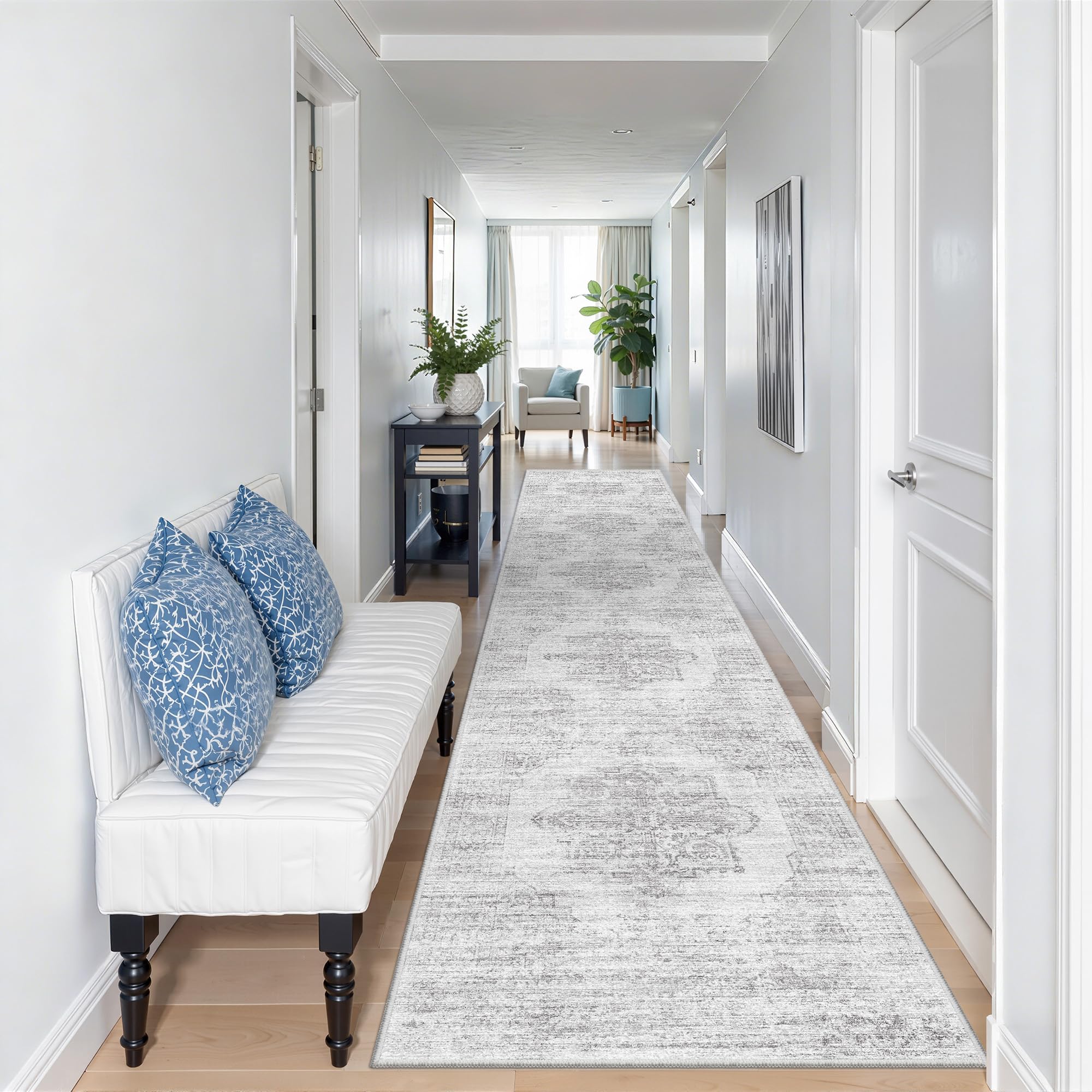 Restydon 2x10 Runner Rug, Long Hallway Rugs for Dining Room, Living Room, Bedroom, Machine Washable Kitchen Carpet Runner with Rubber Backing, Soft Low Pile Indoor Rug(2'x10', Light Grey/White) — image 1