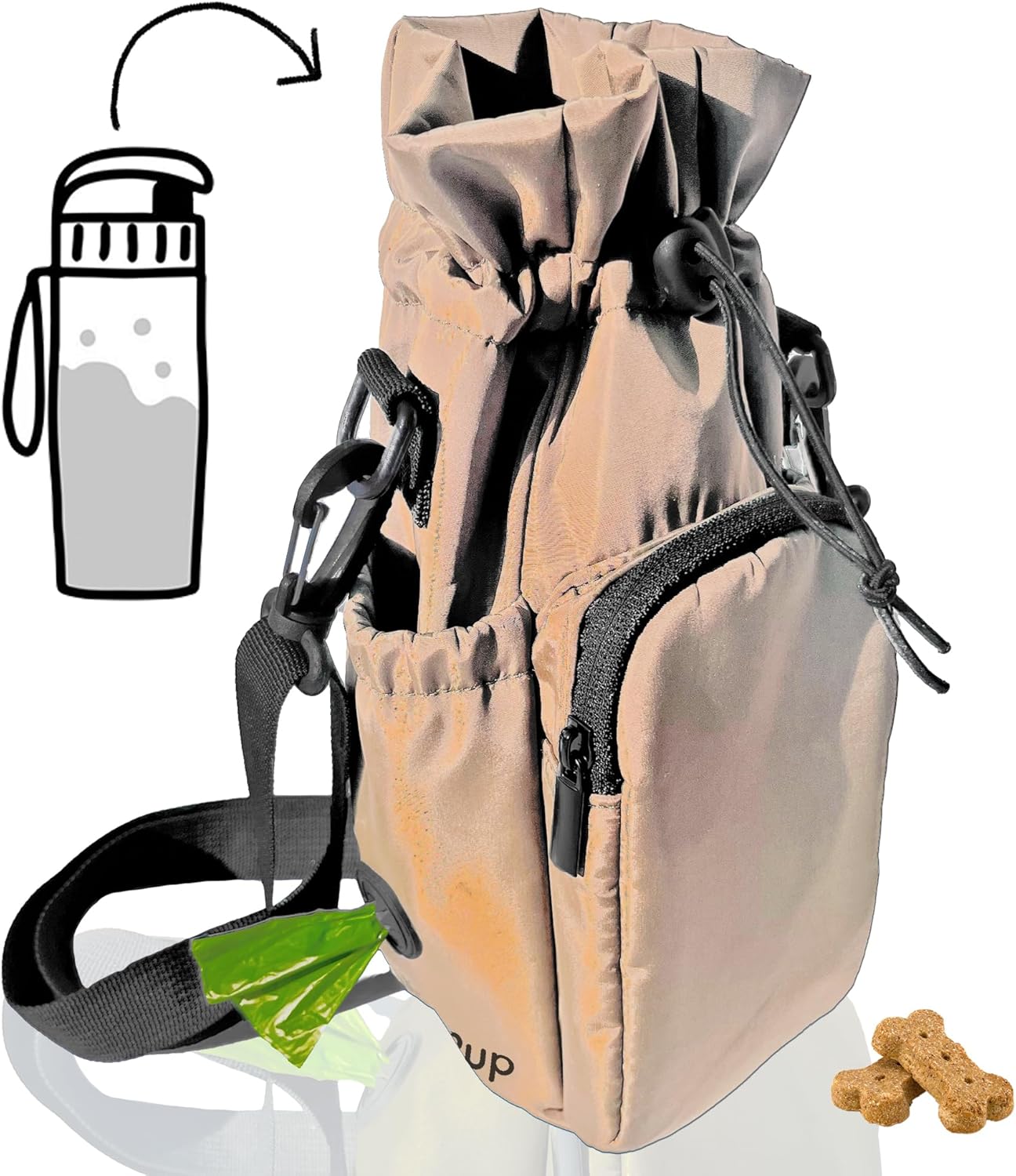 RibbyPup Waterproof Dog Walking Bag with Universal Water Bottle Holder, Built-In Poop Bag Dispenser, Unisex Cross-Body Treat Pouch (Gray)