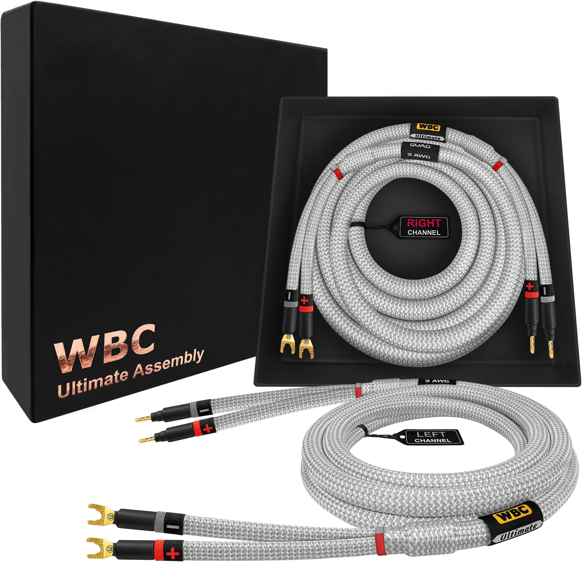 WORLDS BEST CABLES1.5 Meter ULTIMATE - 9 AWG - Ultra-Pure OFC - Premium Audiophile HiFi Speaker Cable Pair with Eminence Gold Banana (x2) & Spade (x2) Plugs & Silver Tweed Jacket