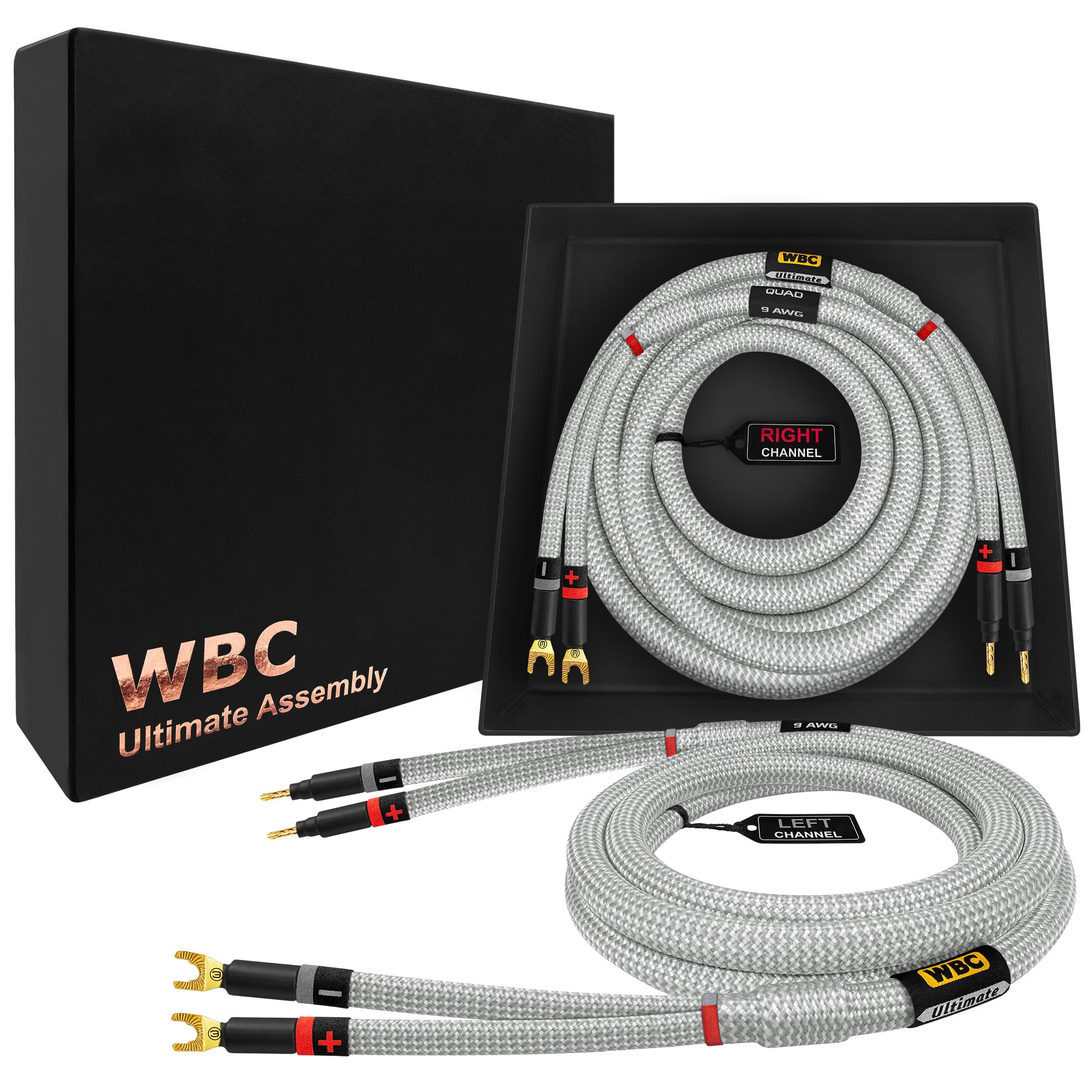 WORLDS BEST CABLES1.5 Meter ULTIMATE - 9 AWG - Ultra-Pure OFC - Premium Audiophile HiFi Speaker Cable Pair with Eminence Gold Banana (x2) & Spade (x2) Plugs & Silver Tweed Jacket