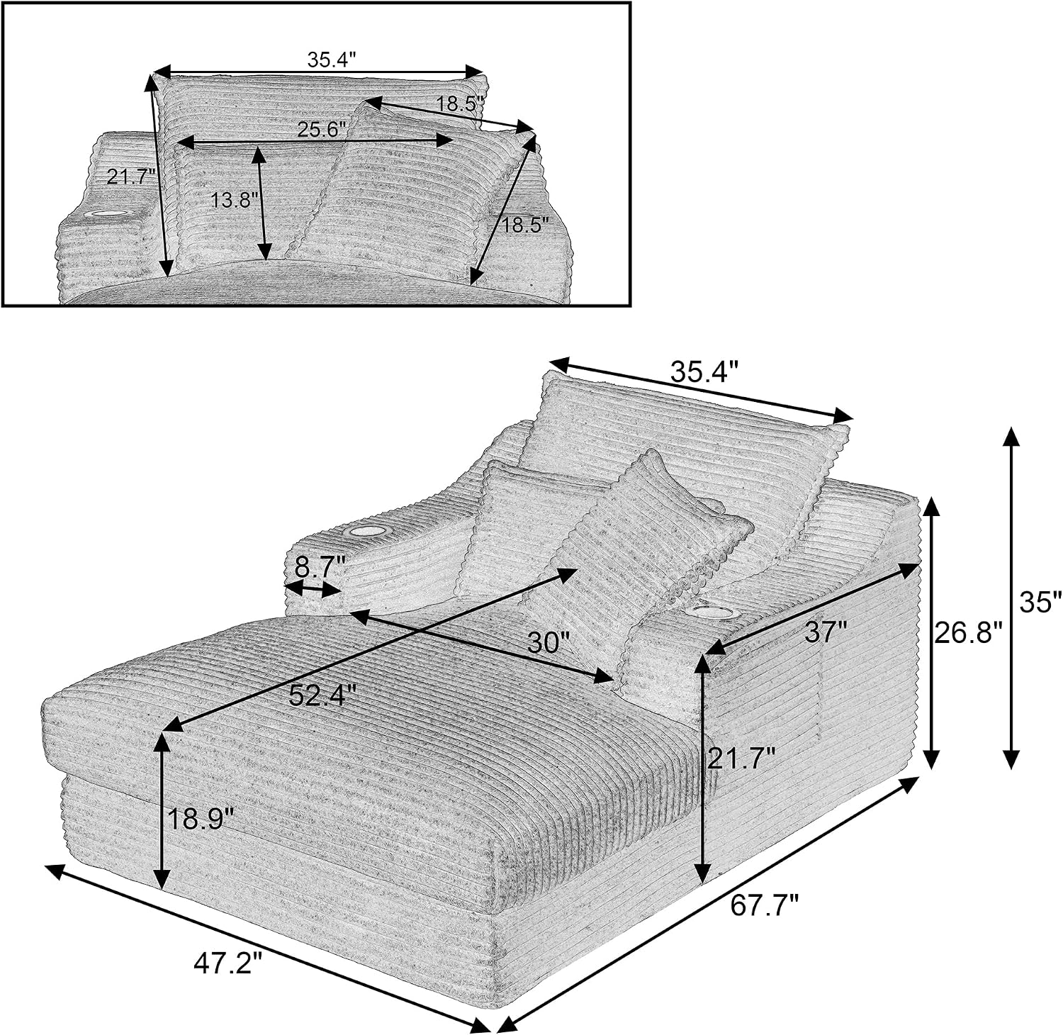 White Chaise Lounge Chair Indoor, 47.2" Oversized Corduroy Boneless Sleeper Sofa Cloud Couch w/Thick Cushion & Cup Holder & Storage Pocket,Modern Comfy Single Reading Chairs for Living Room, Bedroom