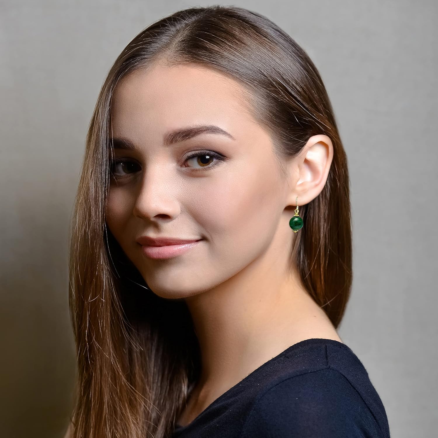 14K Yellow Gold Malachite Earrings Green Round Smooth Simple Classic Drops Striped Banding Goldtone Beaded Accents Spyglass Designs