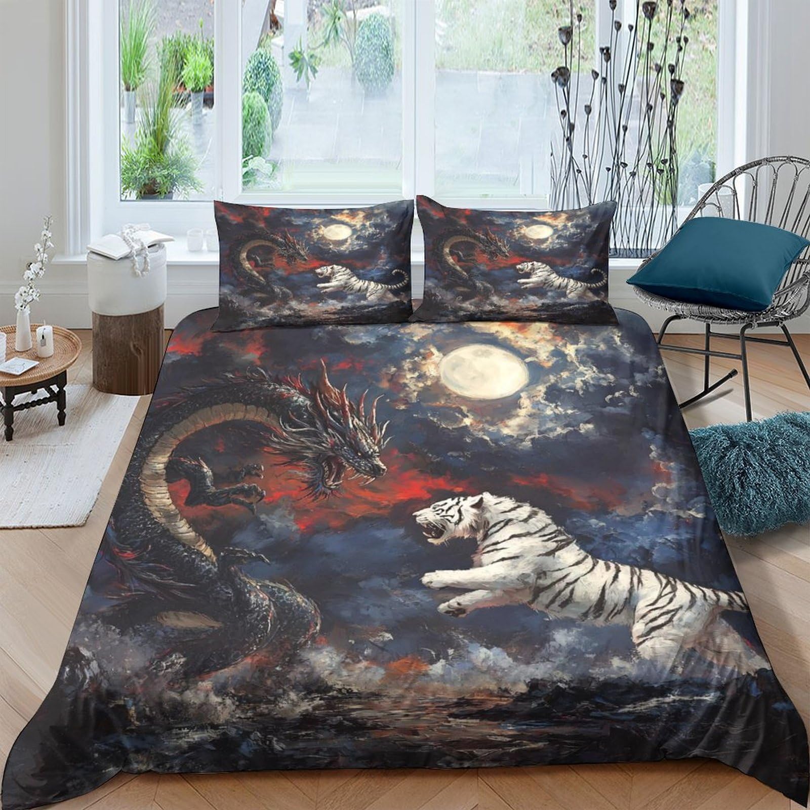 Ctjqhvkz Style-4 3D Printed Moonlight Tiger Fitted Sheet Microfiber Soft Dragon Bed Cover For Bedroom Guest Room Decor Easy Care Single（135X200cm）
