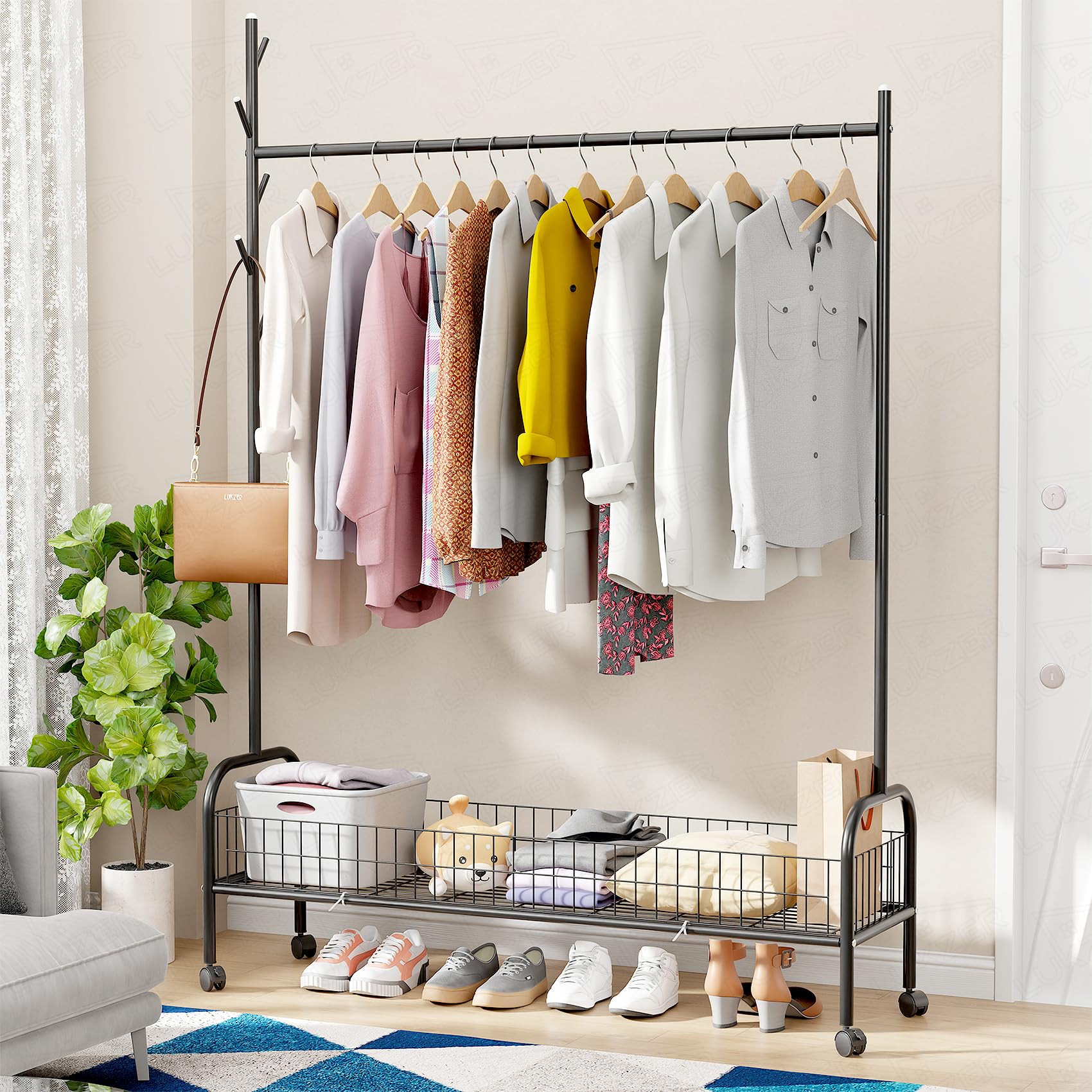 Lukzer | MGR-003 | Black | Metal Garment Rack with Wheels, Single Rod & Mesh Base – Heavy-Duty Freestanding Clothes Stand with Bottom Shelf for Bedroom, Entryway, Laundry & More | 173 x 110 x 35 cm