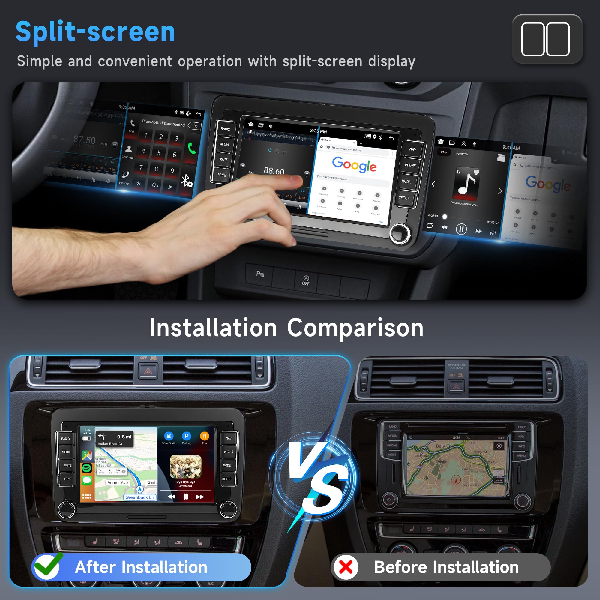 2G+64G Android Autoradio per VW Golf 5 6 Passat Polo Tiguan Touran Caddy Skoda Seat 7 Pollici Wireless Carplay Autoradio con Android Auto GPS Navi WiFi Bluetooth FM/RDS Telecamera Posteriore
