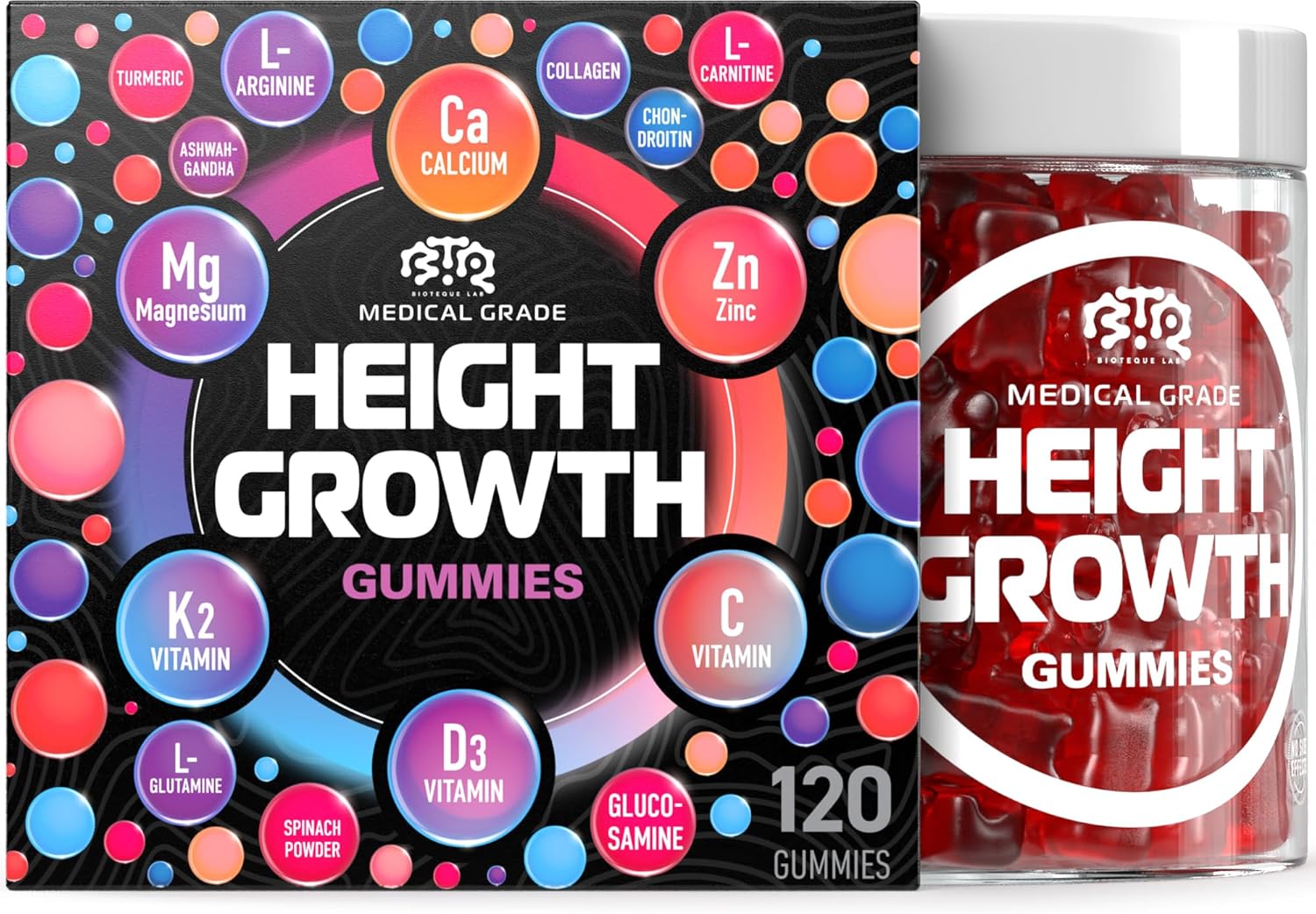 BIOTEQUELAB Height Growth Increase Gummies Vitamins, Grow Tall Supplement, Calcium, Magnesium, Zinc, Ashwagandha, Glucosamine Multivitamin for Teens, Kids, 120 Gummies