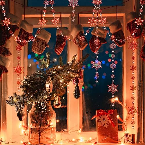 Miniatura 6 de Lewtemi Guirnalda de copos de nieve de acrílico de Navidad de 32.8 pies, adorno de copo de nieve para colgar en copos de nieve de Navidad,