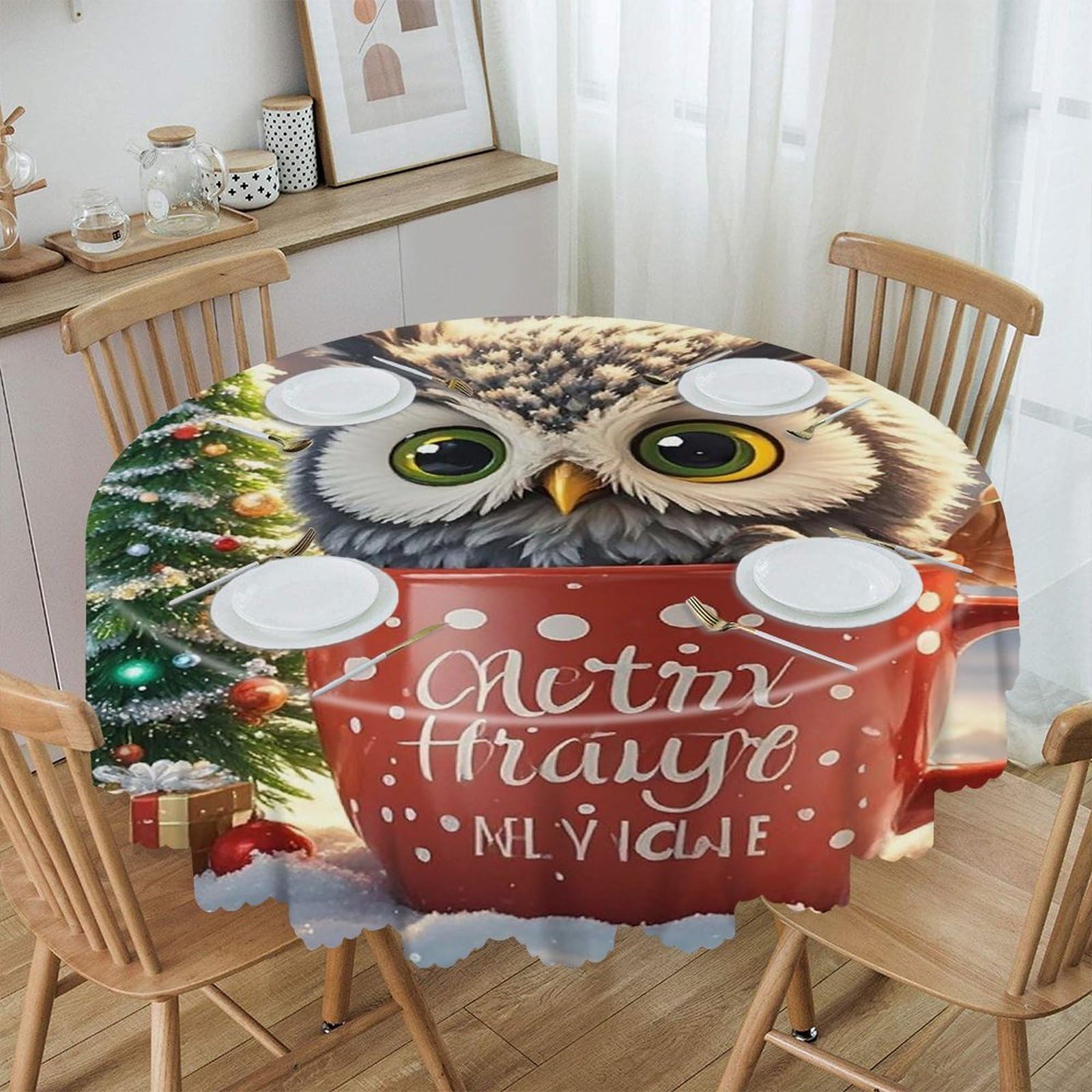 FekiLoot Owl Cup Round Tablecloths 60 Inch Resistant Washable Polyester Table Cloth Style Decorative Circle Fabric Table Cover for Dining Kitchen Party Farmhouse Outdoor
