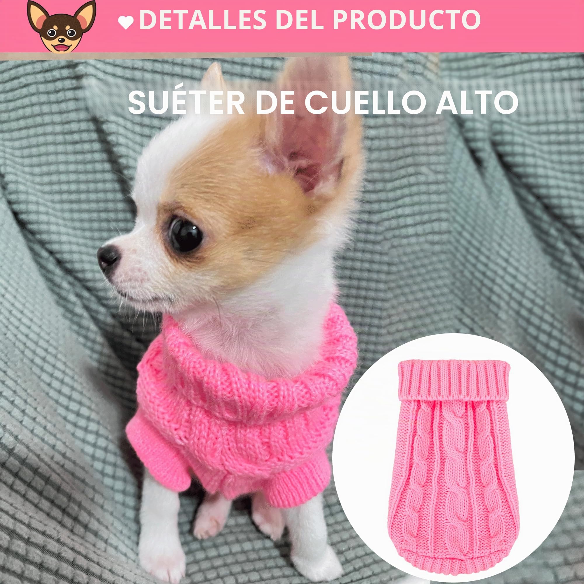 Suéter XXS para perro, 2 piezas, suéter de chihuahua, ropa para perros pequeños, ropa de invierno para cachorros, ropa de invierno para cachorros, talla XXS rosa