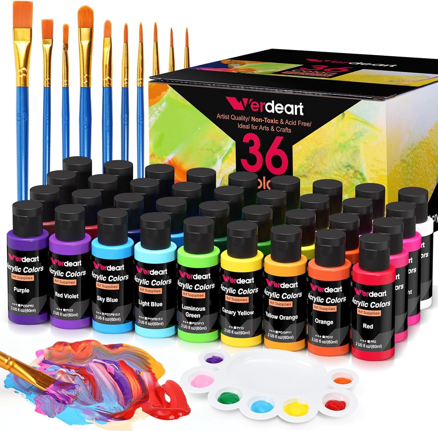 Acrylic Paint Set - 36 Colors 2 oz/59 ml Acrylic Paints for Professional Artists with 10 Brushes , Art Supplies for Painting Canvas Rock Wood Ceramic Glass Art Craft Painting, Rich Pigments Lasting Quality for Beginners, Students & Professional Artist