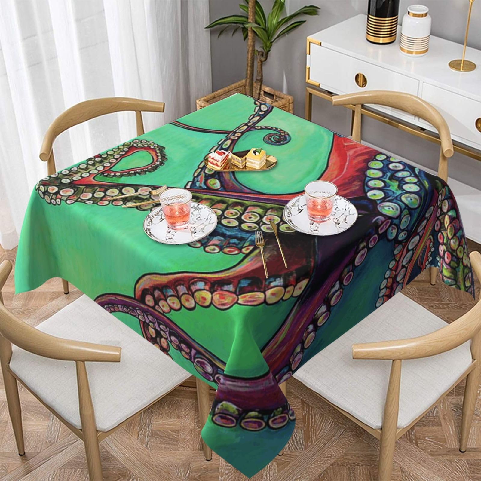 DCEHGEW cute octopus Prints Square Tablecloth 152x152 CM, Waterproof Fabric Table Cloth for Dining Table, Farmhouse Table Cover for Kitchen Dining Tabletop Decoration