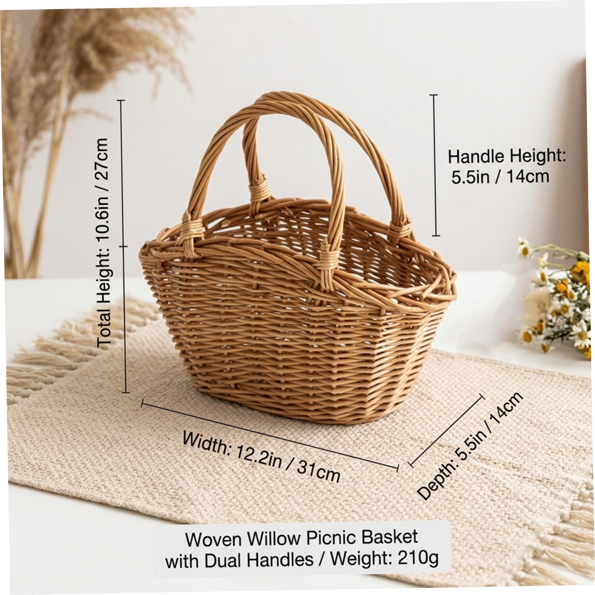 Cesta de Mimbre Tejida a Mano, Cesta de Cosecha Natural con asa para recolectar Almacenamiento de Picnic, decoración del hogar.