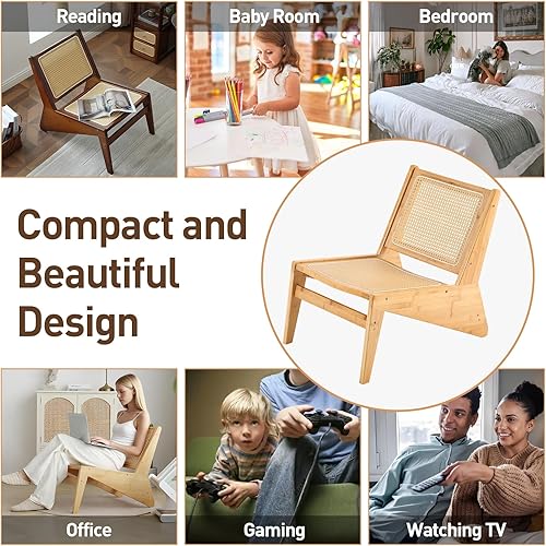 Miniatura 6 de Welnow Silla decorativa de ratán de mediados de siglo, silla de salón de madera de bambú con respaldo de caña tejida, sillón bajo para sala de