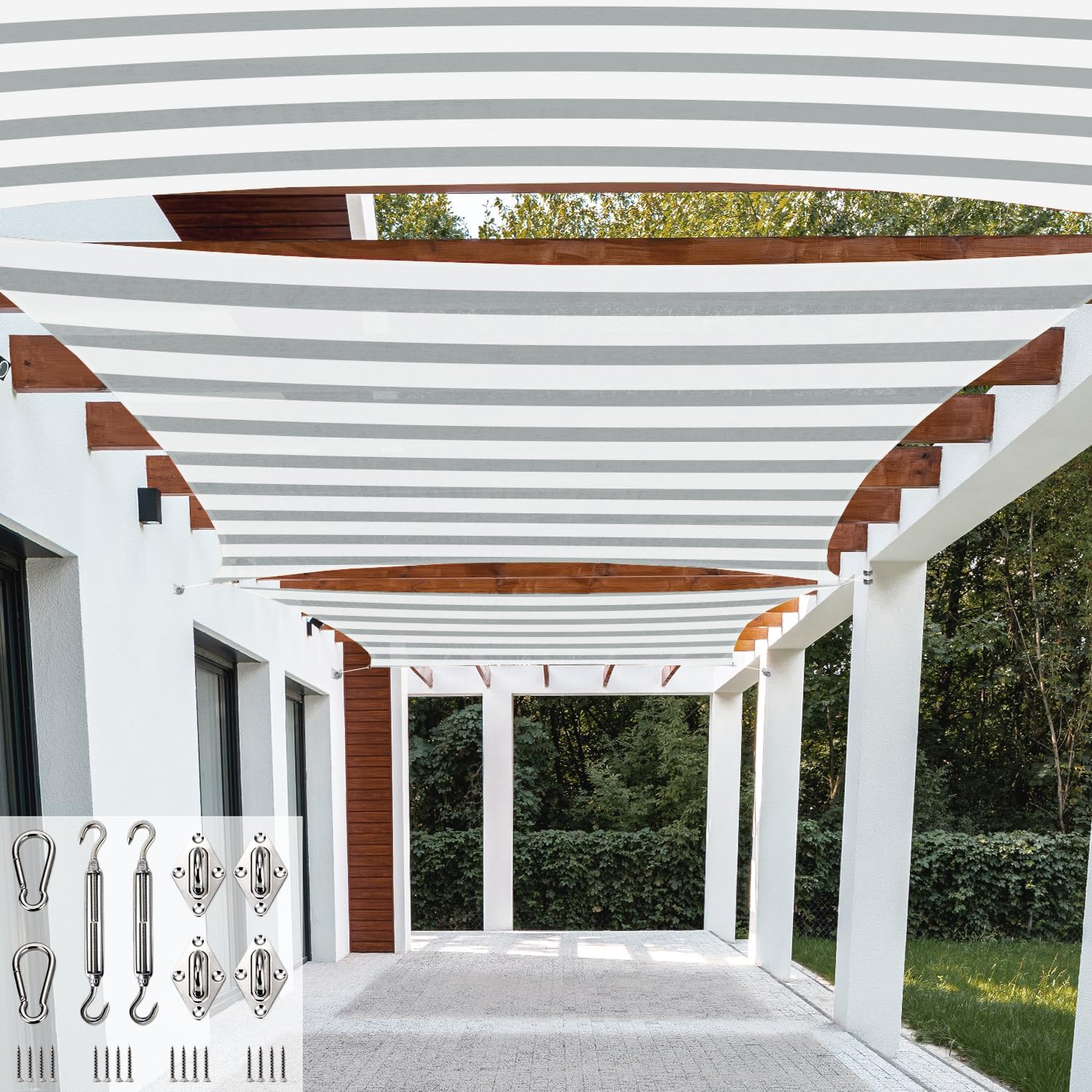 Patio Paradise 10' x 18' Gray White Stripe Sun Shade Sail Rectangle Canopy UV Block with Installation Hardware Kits Commercial Grade for Patio Backyard Lawn Garden Outdoor Activities -Customized