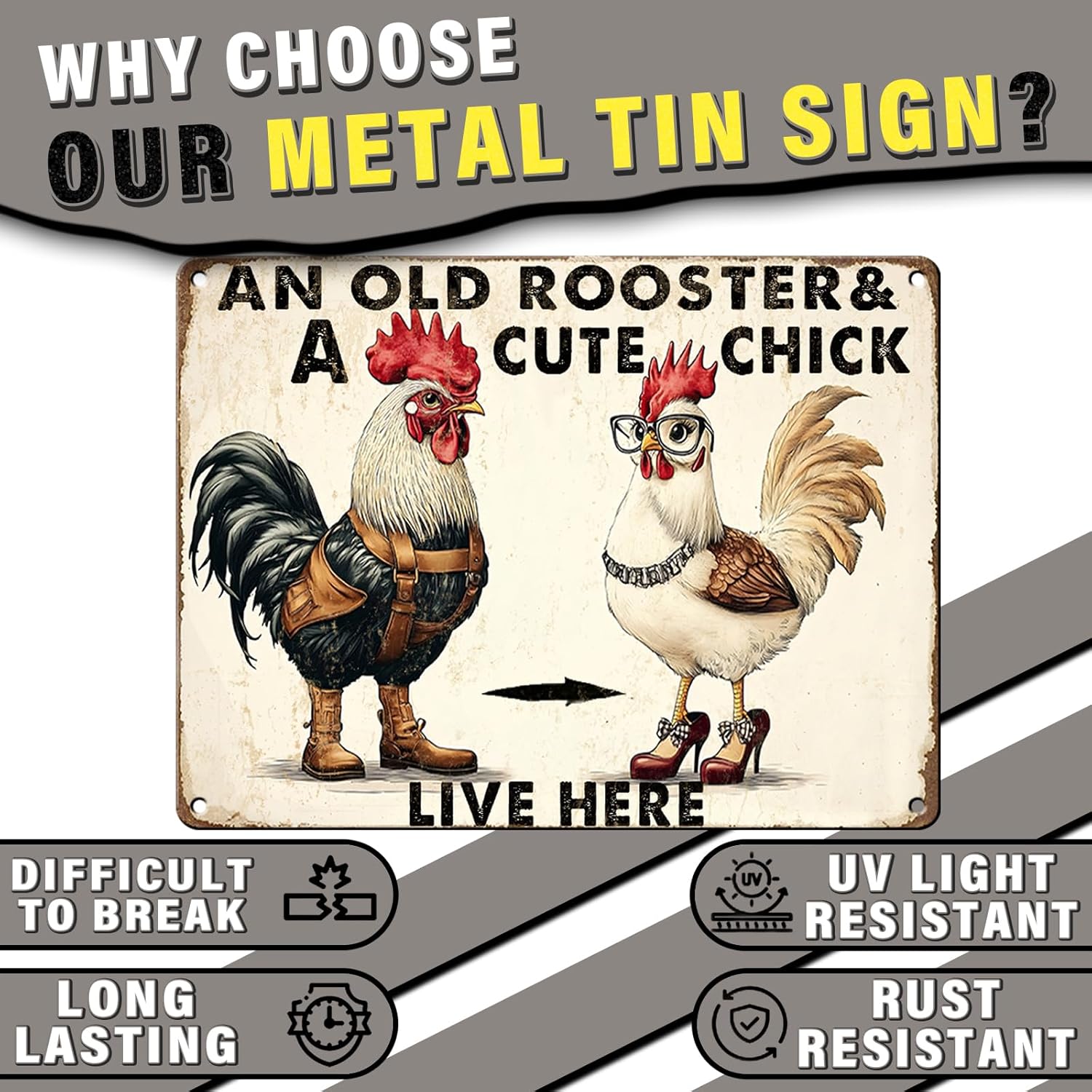 PEACHGARDEN Funny Chicken Metal Sign An Old Rooster A Cute Chick Live Here Vintage Tin Sign for Home Farm Chicken Coop Farmhouse Kicthen Garden Decor 12x16inch