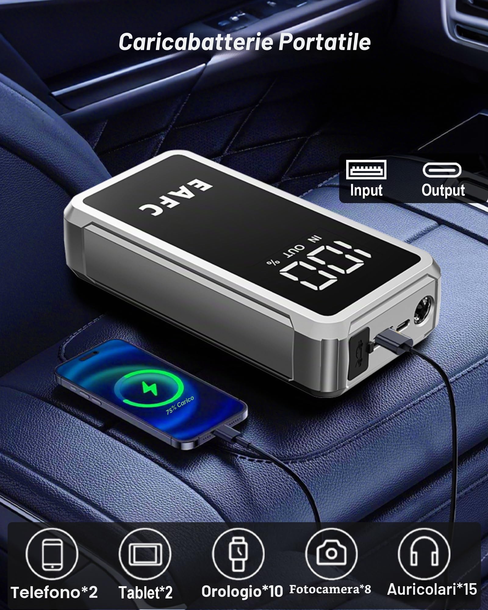 Avviatore di emergenza per auto, 5000 A, 12 V, batteria portatile (10 l gas/6 l diesel) con cavi di avviamento intelligenti, torcia LED e accessori completi, per auto, furgoni e moto, ecc