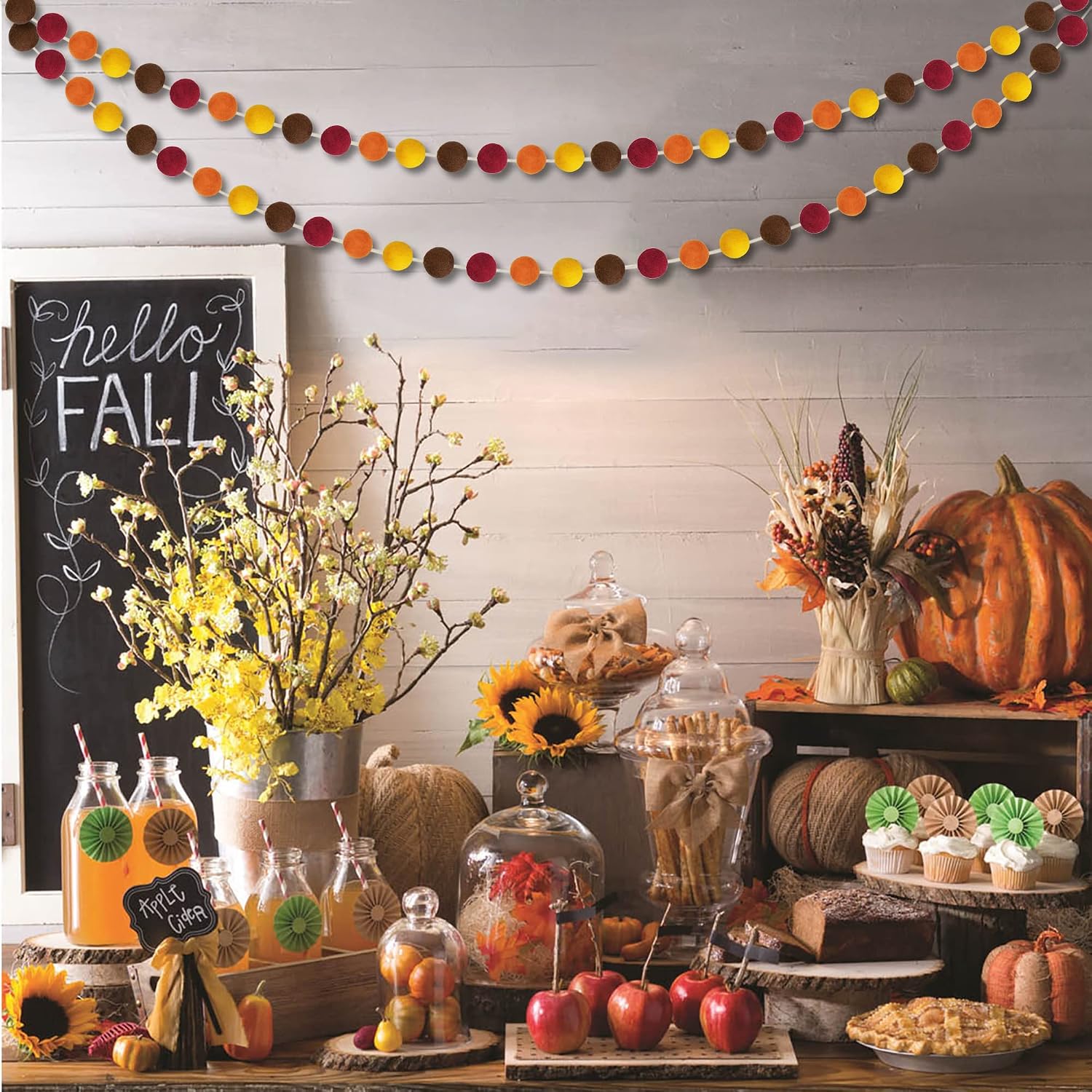 60 Balls Fall Thanksgiving Felt Ball Garlands - Fall Thanksgiving Decorations - Fall Thanksgiving Pom Pom Garlands for Home Tree - Fall Thanksgiving Indoor Outdoor Home Office Hanging Decor - 25mm