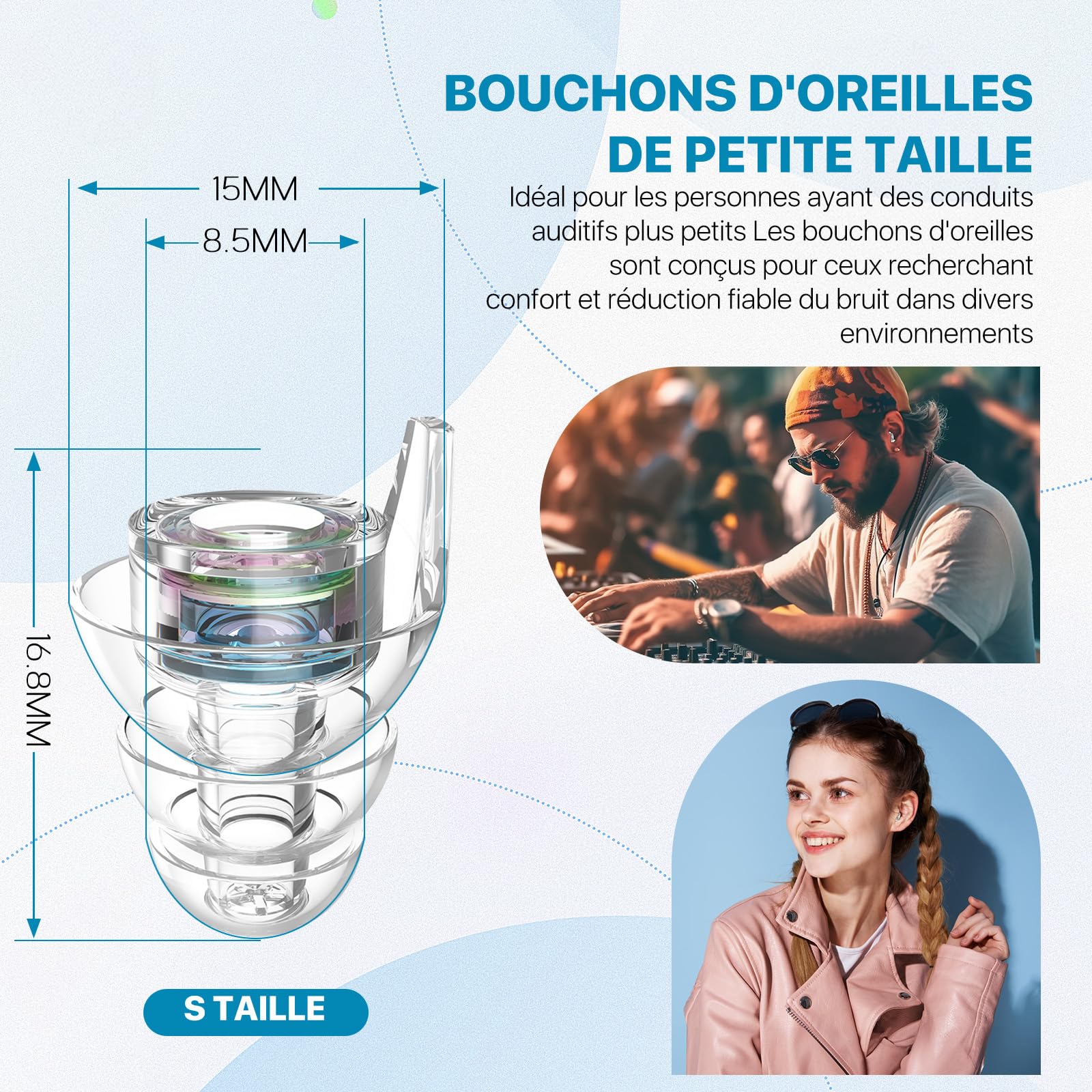 Hearprotek bouchon d'oreille protection auditive 23dB bouchon oreille anti bruit Silicone souple ear plugs pour la musique Musiciens, concert, avion, fêtes, Batteurs taille S 1paire,Iridescente