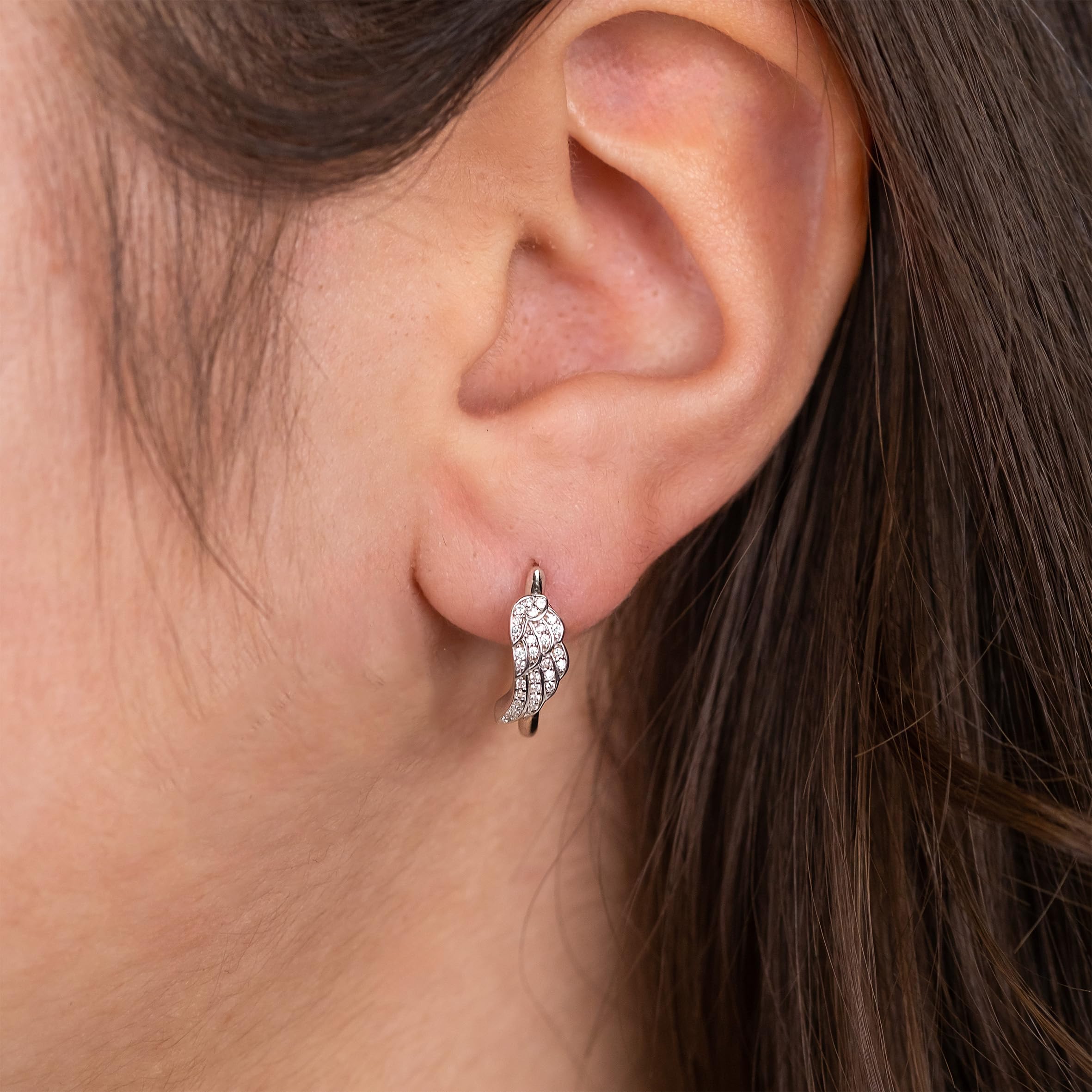 Engelsrufer Damen Creolen mit Engelsflügel aus Sterling Silber in silber- besetzt mit 56 weißen Zirkonia Steinen - Clipverschluss - nickelfrei