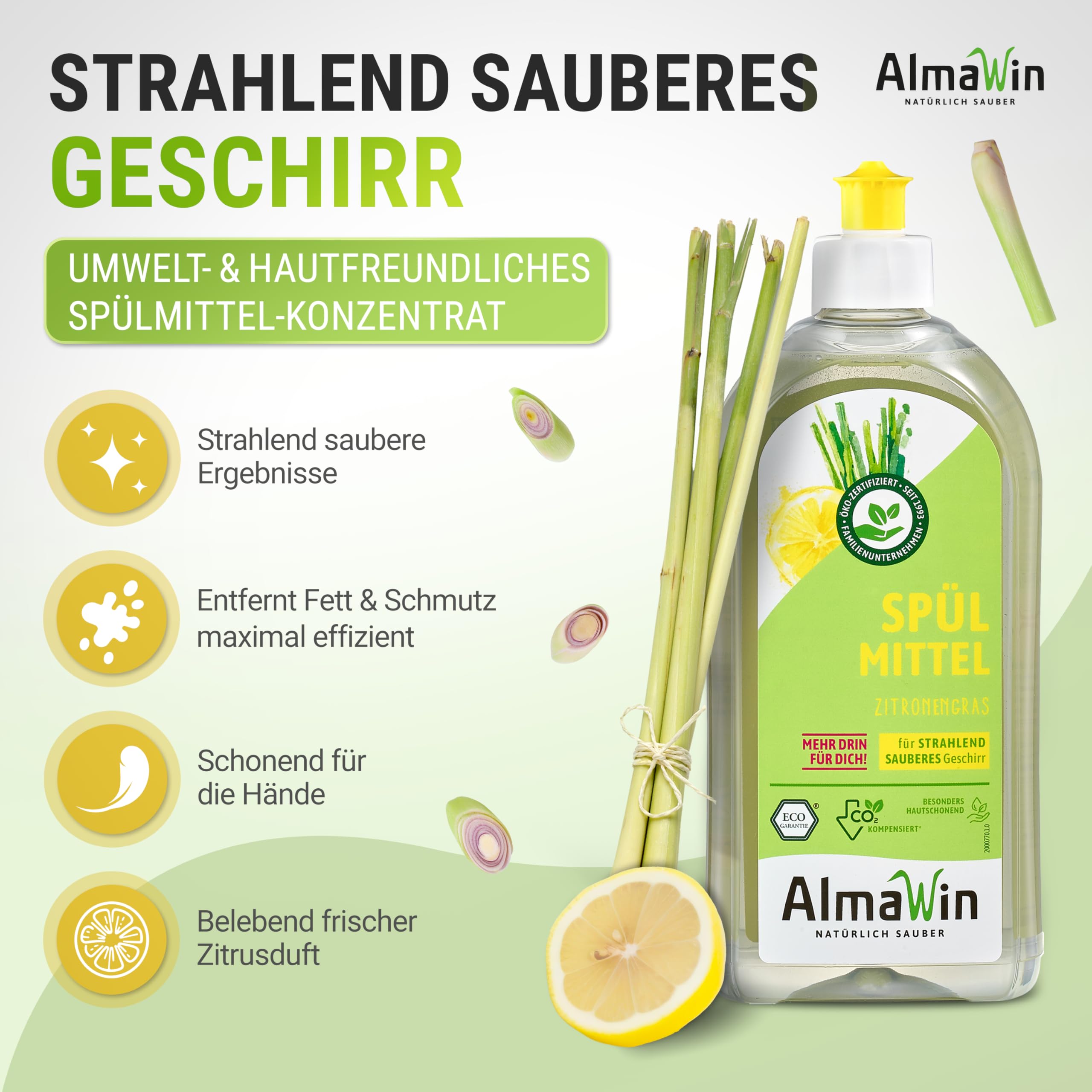 AlmaWin® Spülmittel Öko [10x 1L] mit Zitronengras-Duft - Kraftvolles Geschirrspülmittel flüssig mit hoher Fettlösekraft - Vegan Dish Soap - Biologisch abbaubares & ergiebiges Konzentrat