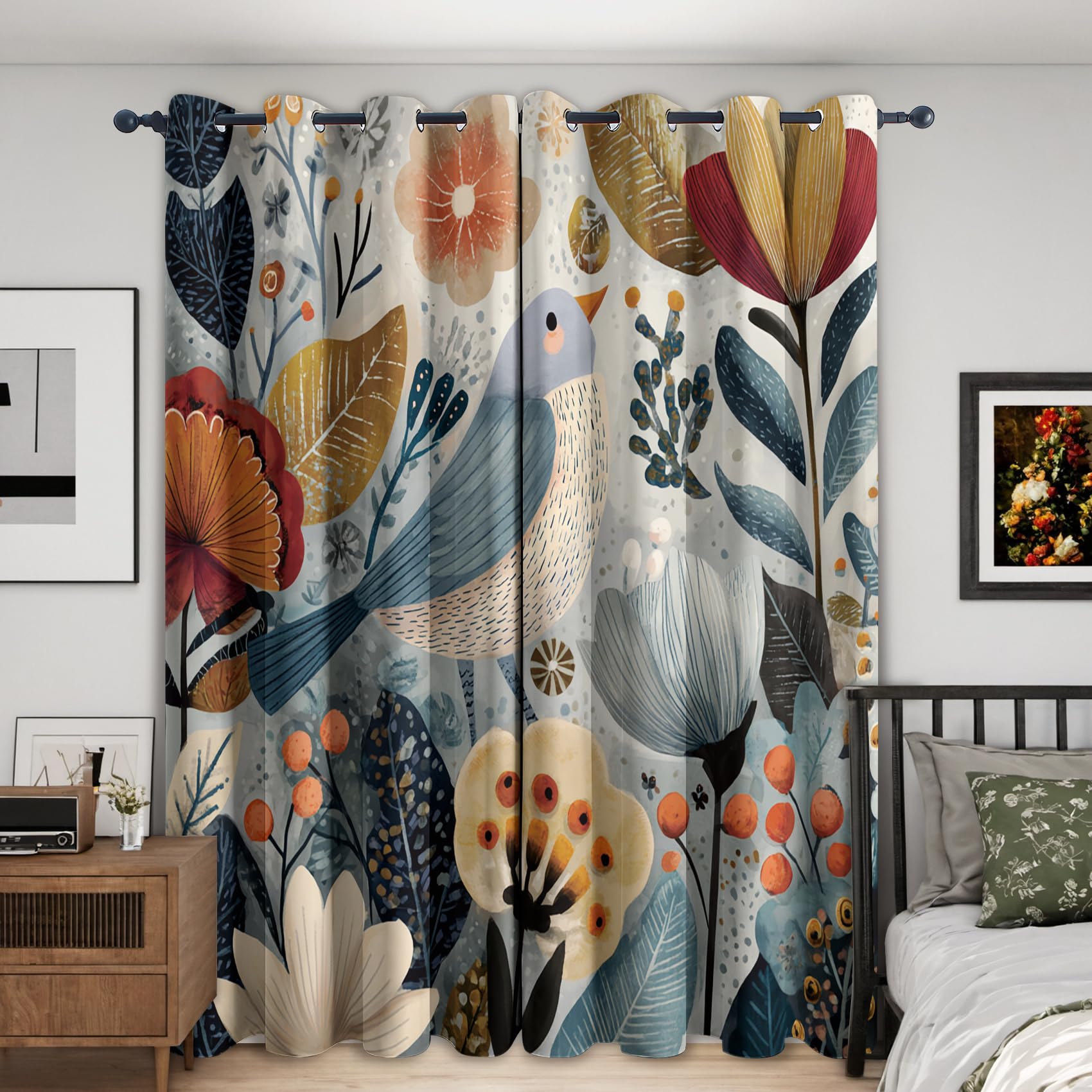 Rideaux occultants thermiques scandinaves salon motif oiseau 140x260