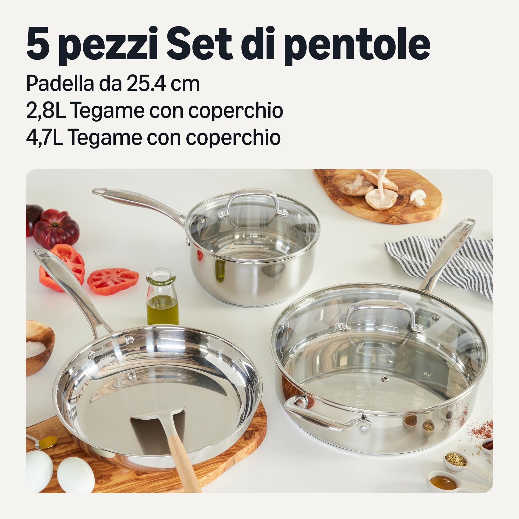 Amazon Basics Pentole in Acciaio Inox, Set di 5 Pezzi, Adatte per Tutti i Piani Cottura, Lavabili in Lavastoviglie
