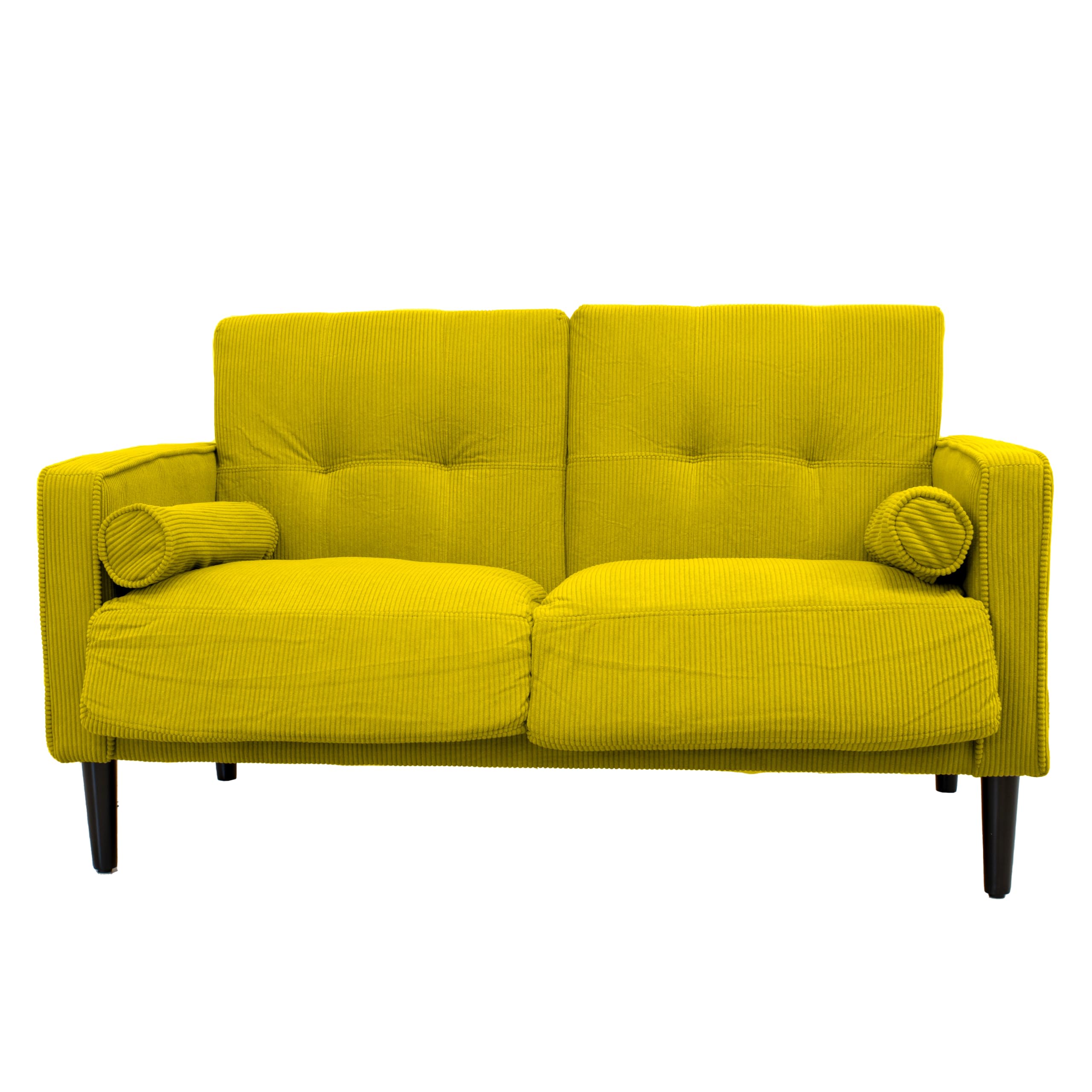 Divano fisso 2 posti Joy in velluto a coste – Struttura in legno, gambe in rubberwood, cuscini sfoderabili + 2 extra cuscini – Tessuto vellutino in poliestere – Colore Giallo Senape