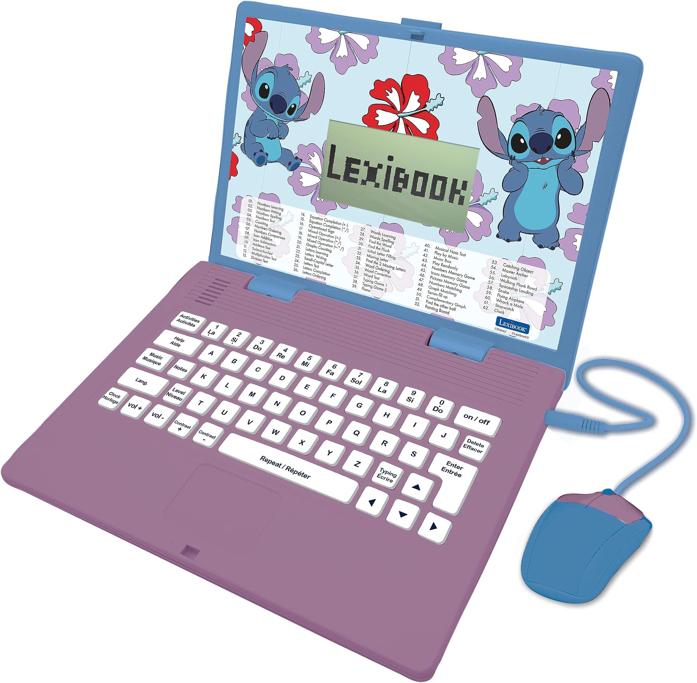 LEXIBOOK, Disney Stitch, Bilingual English/French Educational Laptop, 124 Language Activities, Writing, Maths, Logic, Music and Games, Boys and Girls, Purple/blue, JC598Di1