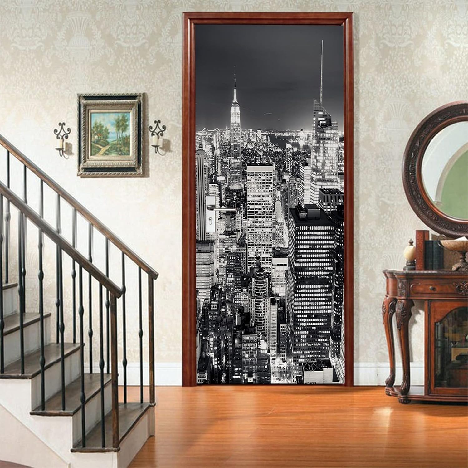 A.Monamour 3D Door Stickers for Interior Doors Night Aerial View of New York Buildings Vinyl Waterproof Self Adhesive Door Mural Decals for Bedroom Office Bathroom 77 x 200 cm