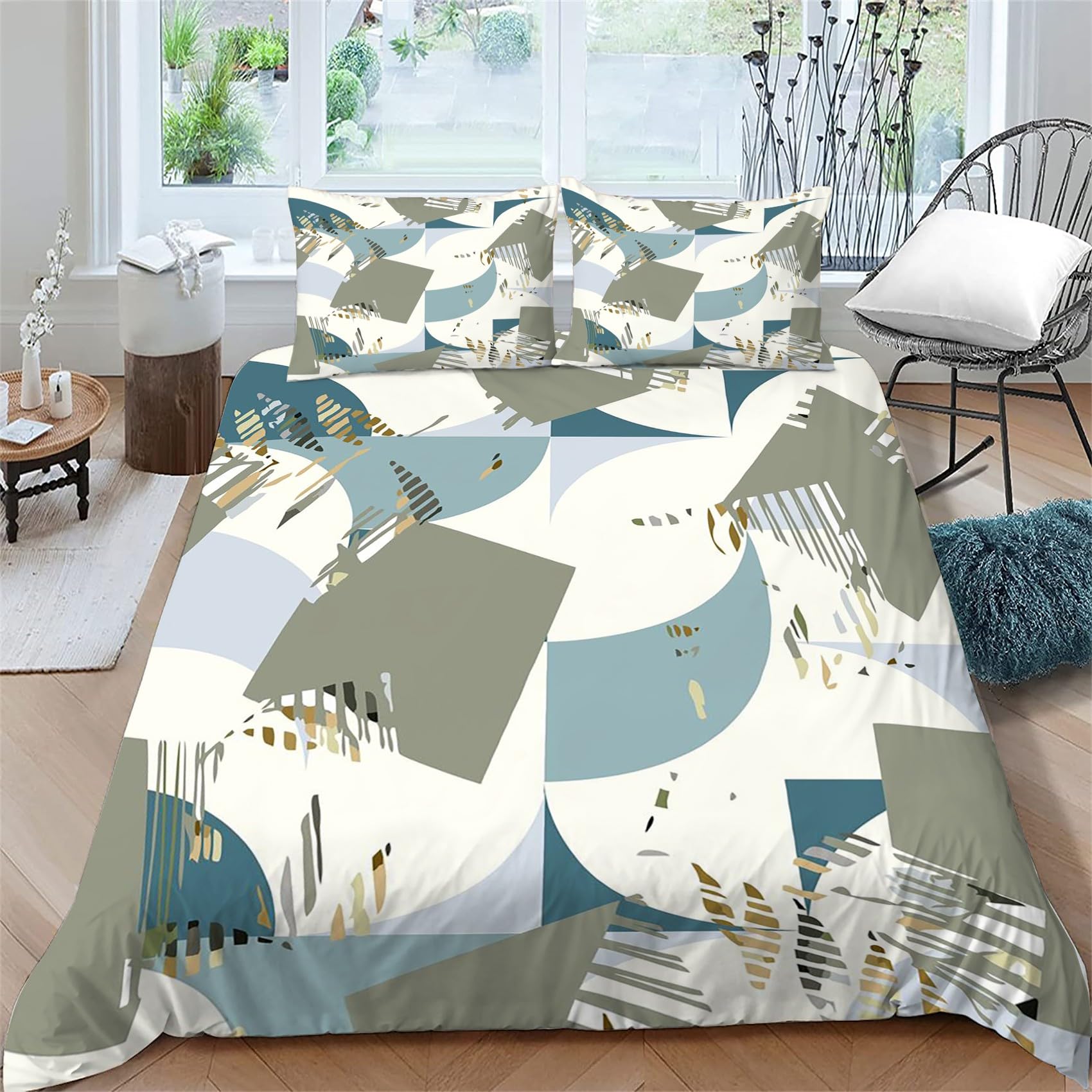 Copripiumino Matrimoniale 240x220 Blocchi di Colore di Linee Geometriche Moderno Biancheria da Letto Morbido Microfibra Copri Piumone e 2 Federe Abbinate, con Zip, Ipoallergenico HR809